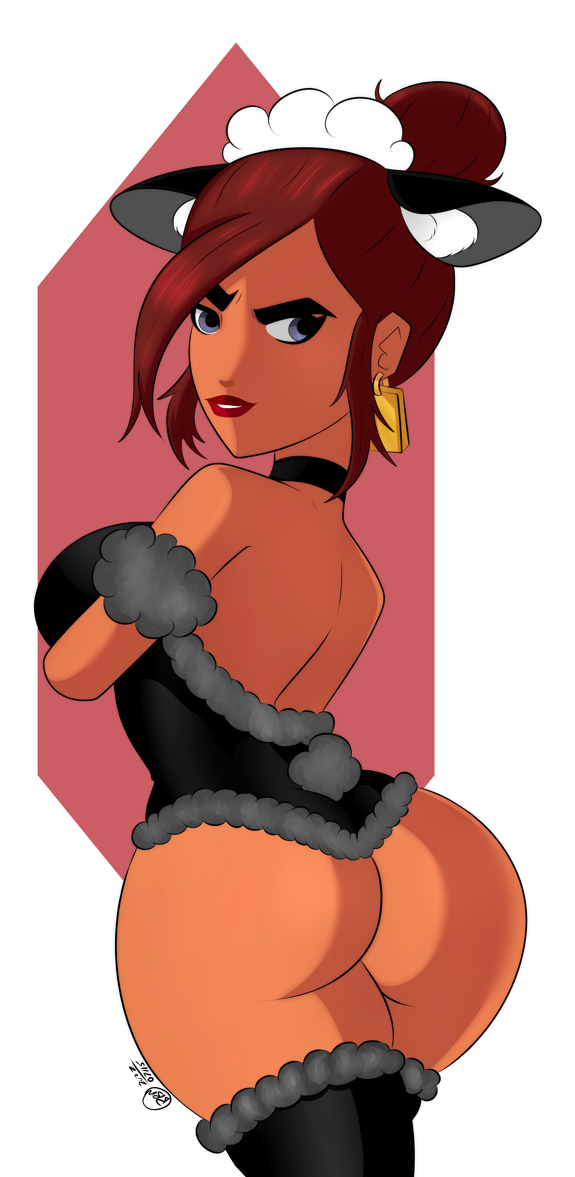 1girls, ass, back, back view, big ass, big breasts, big butt, breasts, brown hair, bunbunmuffinart, bunnysuit, carmen sandiego, carmen sandiego (2019), dark skin, dark-skinned female, female, hair bun, long hair