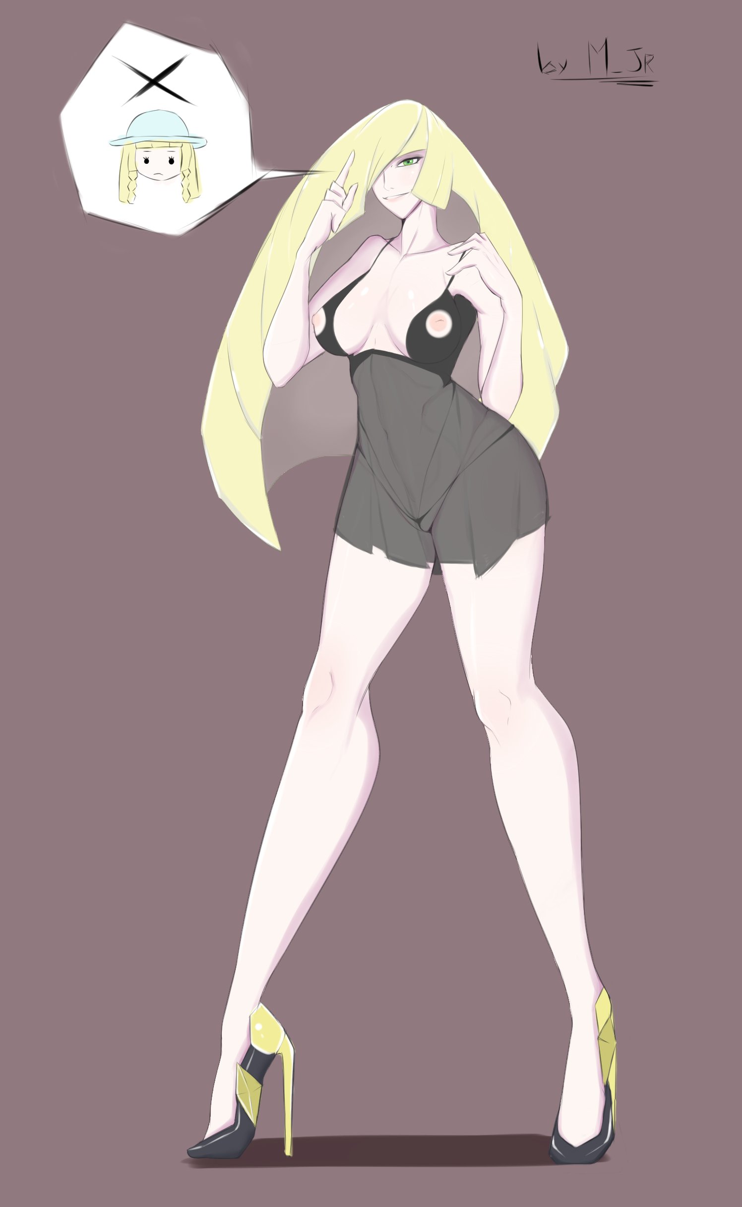 2girls, alternate version available, areolae, big breasts, black thong, blonde hair, bottomwear, breasts, clothing, feet, female, female focus, female only, full body, game freak, green eyes, hair over one eye, hat, high heels, inverted nipples, legs, lillie (pokemon), lingerie, lips, long hair, lusamine (pokemon), m jr art, mature, mature female, milf, mother, mother and daughter, multiple females, multiple girls, nightgown, nipples, pokemon, pokemon sm, smile, solo focus, stiletto heels, thick thighs, thighs, thong, transparent clothing, very high heels