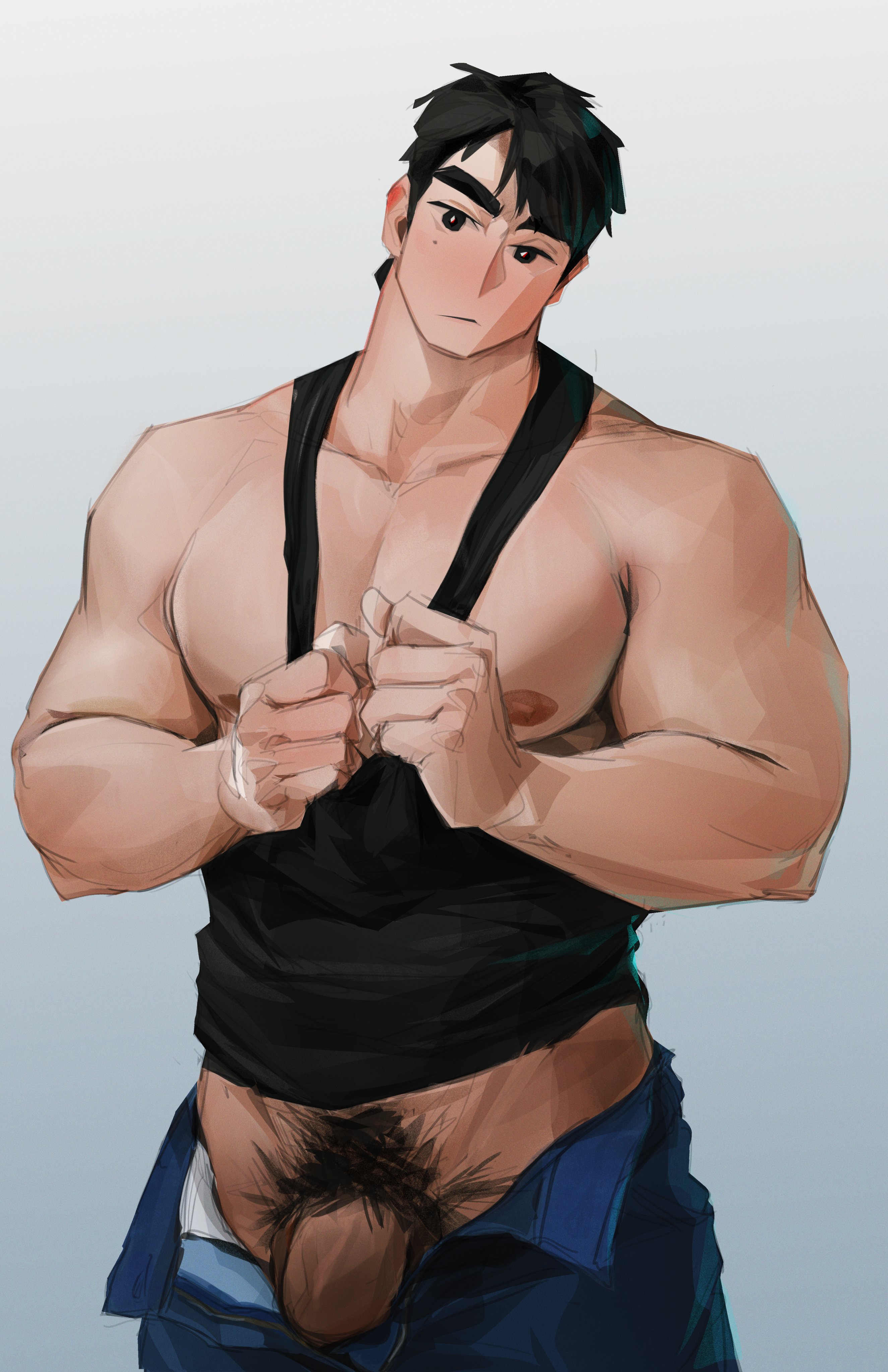 1boy, abs, bara, big penis, black hair, hairy, hairy male, hoonzino, hunk, looking at viewer, male, male only, mole, muscular, muscular male, pecs, penis, pubes, pubic hair, solo male, yaoi