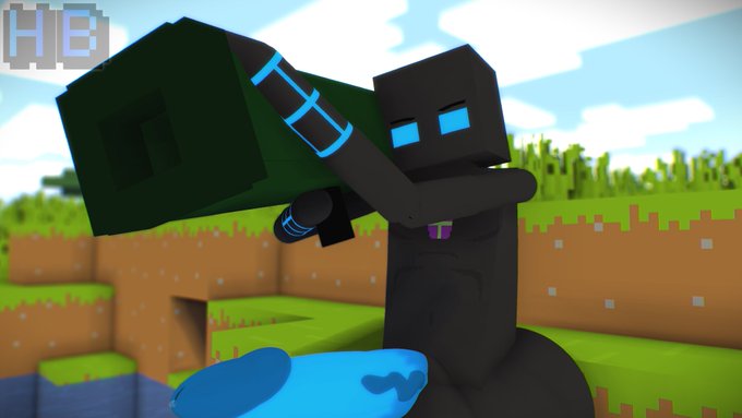 1boy 3d 3d_(artwork) blue_eyes blue_penis enderman hbtheender male_only minecraft outside rocket_launcher watermark