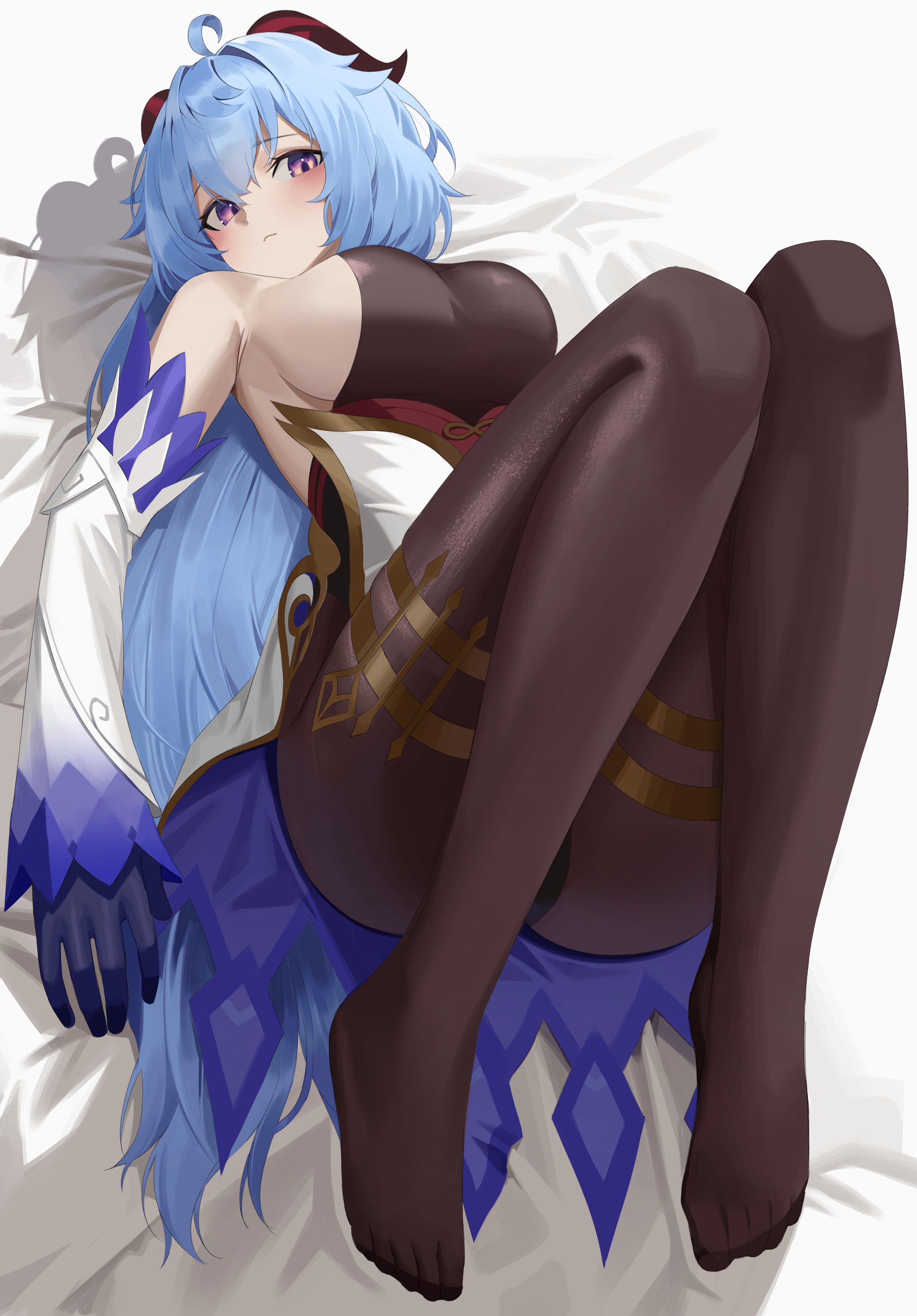 1girls, big breasts, blue hair, breasts, female, female only, ganyu (genshin impact), genshin impact, goat horns, horns, huge breasts, large breasts, leavv (releaf0716/leavv716), light skin, light-skinned female, sideboob, skin tight, solo, thick, tight clothing