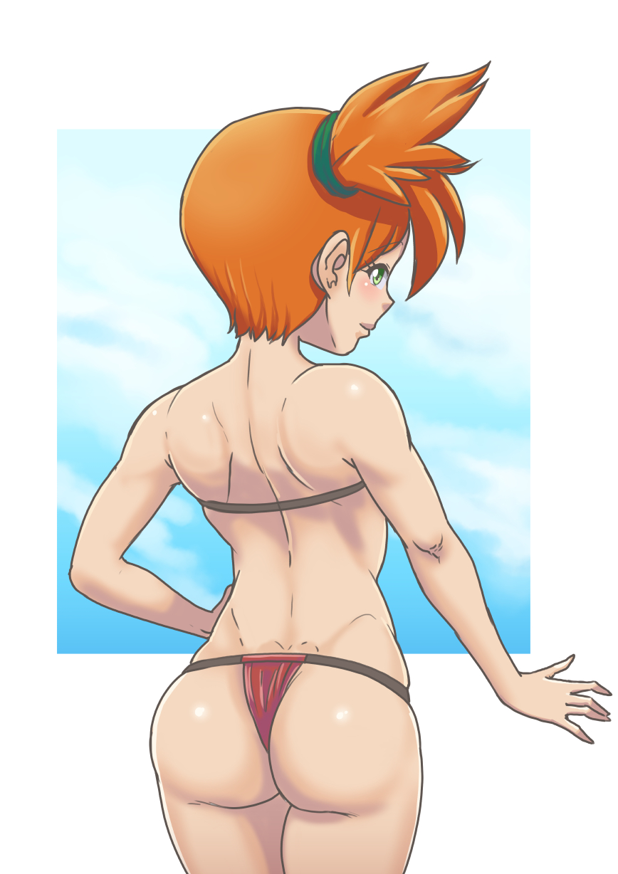 1girls ass asymmetrical_hair back bikini creatures_(company) female game_freak gez1313 green_eyes highres kasumi_(pokemon) legs looking_at_viewer muscular navel nintendo pokemon pokemon_(game) pokemon_rgby ponytail red_bikini red_swimsuit short_ponytail side_ponytail simple_background solo swimsuit thighs white_background