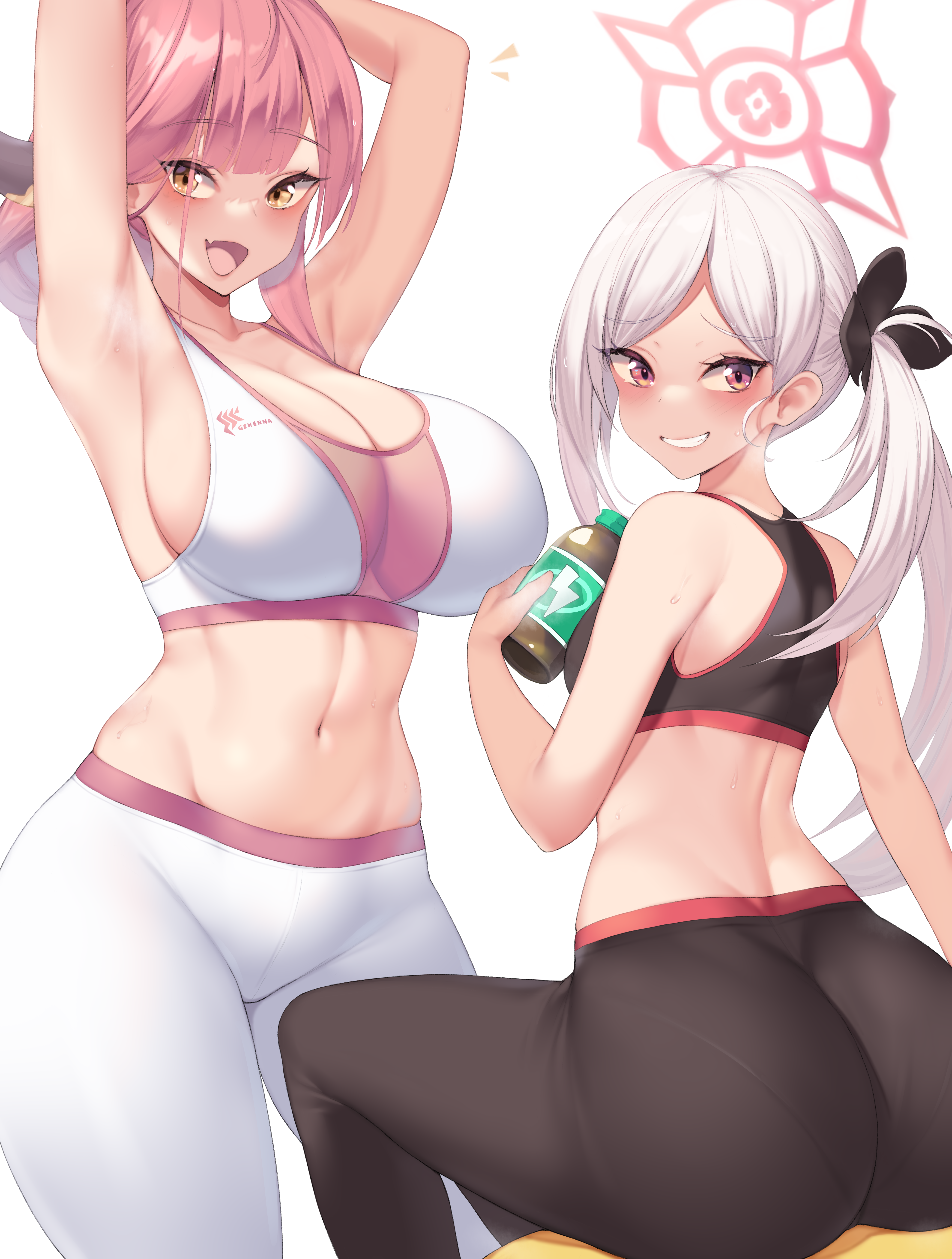 2020s, 2022, 2girls, absurd res, amber eyes, armpits, arms up, aru (blue archive), ass, ass size difference, black clothing, blue archive, breast size difference, breasts, cleavage, female, female only, gehenna academy student, grin, halo, hips, horns, huge ass, huge breasts, kuavera, long hair, looking at viewer, mutsuki (blue archive), naughty face, petite, pink hair, problem solver 68 (blue archive), red eyes, sexy armpits, slim waist, small breasts, sports bra, sportswear, steam, steaming body, suggestive look, thick thighs, thighs, white clothing, white hair, wide hips, yoga pants