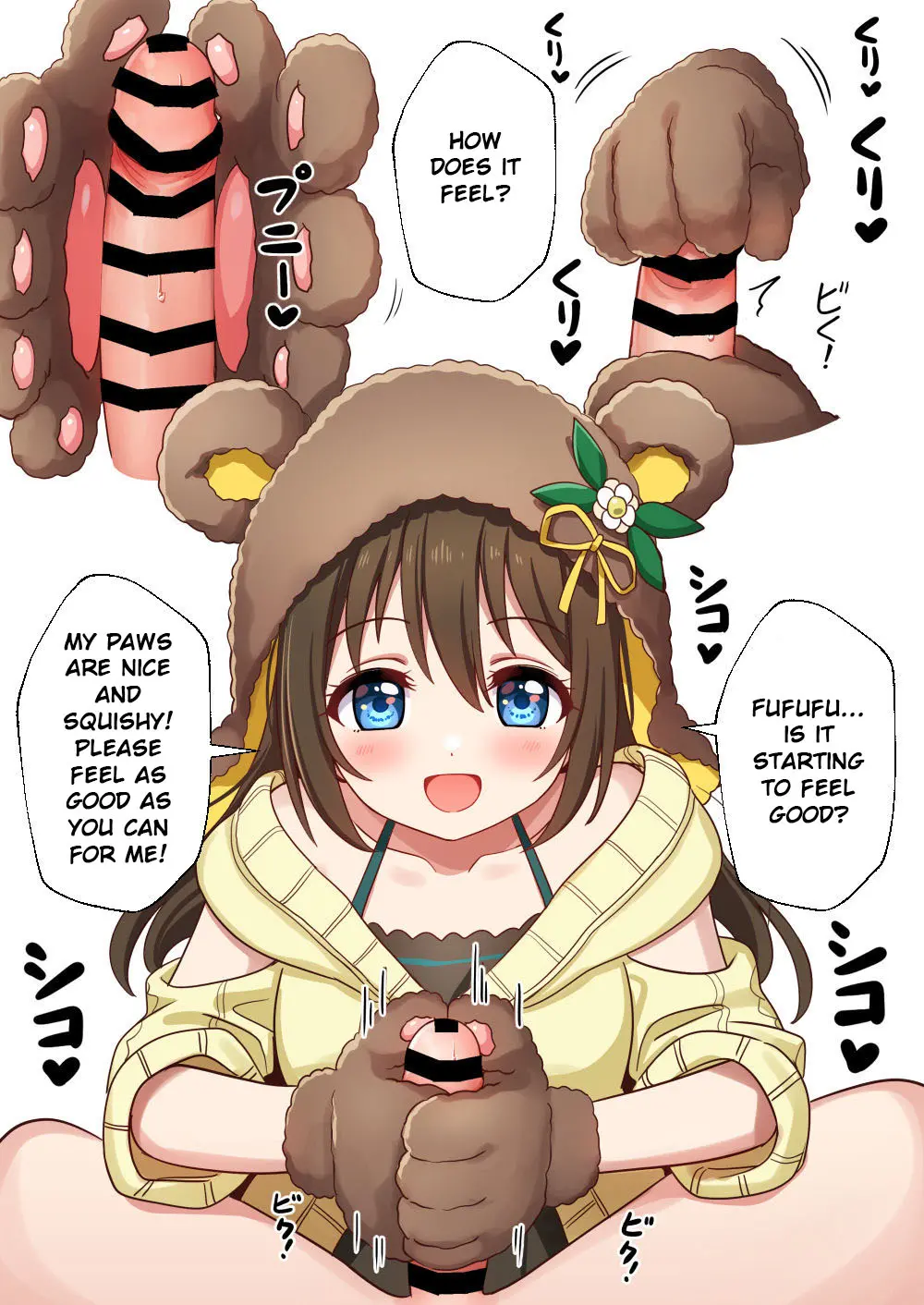 1boy 1girls :d animal_ears bar_censor bear bear_ears bear_girl blue_eyes blush brown_hair censored deadnoodles_(@deadnooodles) english_text eyebrows_visible_through_hair female glansjob gloved_handjob gloves handjob highres light-skinned_female light-skinned_male light_skin looking_at_penis love_live! love_live!_nijigasaki_high_school_idol_club open_mouth ousaka_shizuku paw_gloves paws penis straight translated