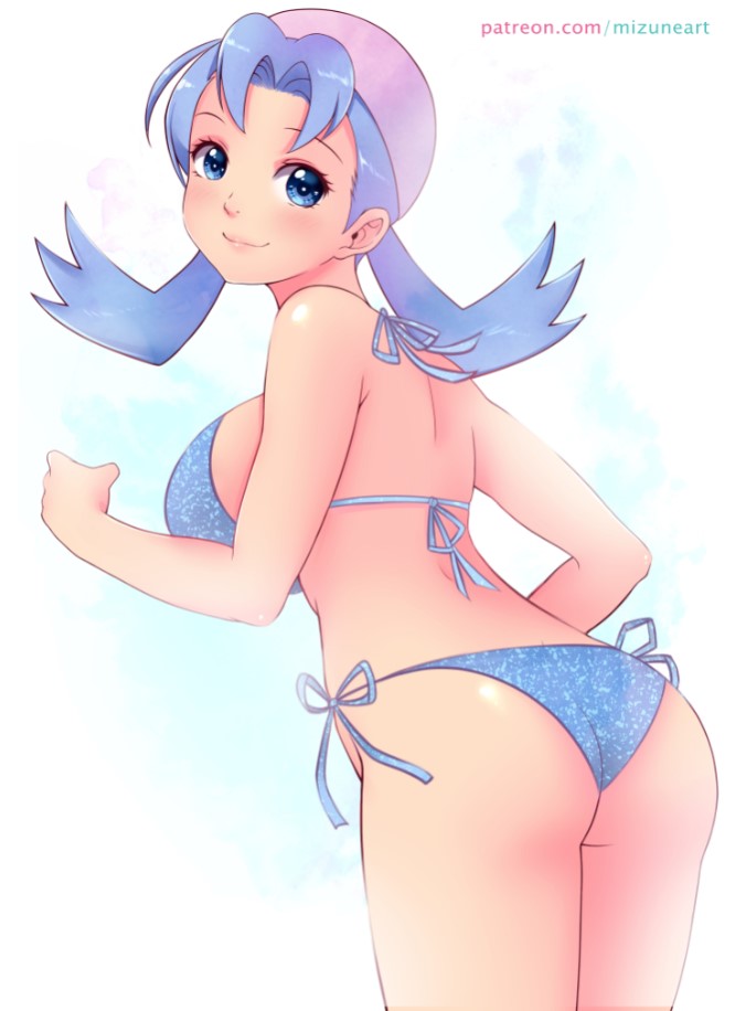 1girls alternate_breast_size big_ass big_breasts bikini blue_bikini blue_eyes blue_hair breasts busty dat_ass female female_only hat kris_(pokemon) large_breasts legs looking_at_viewer looking_back low_twintails marina_(pokemon) misune_art nintendo pokemon pokemon_chronicles pokemon_gsc sideboob smile solo swimsuit thighs voluptuous