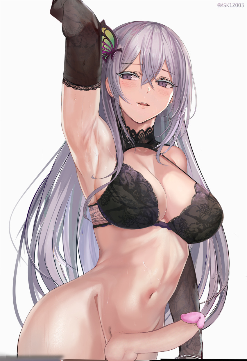 1futa, armpit, ass, balls, big ass, big breasts, big butt, big penis, bottomless, bra, breasts, butterfly hair ornament, clothed, clothing, echidna (re:zero), edit, erection, futa only, futanari, hair ornament, human, intersex, light skin, light-skinned futa, lingerie, long gloves, long hair, misaka 12003-gou, mostly nude, navel, penis, penis out, re:zero kara hajimeru isekai seikatsu, solo, standing, sweat, thick thighs, third-party edit, wide hips