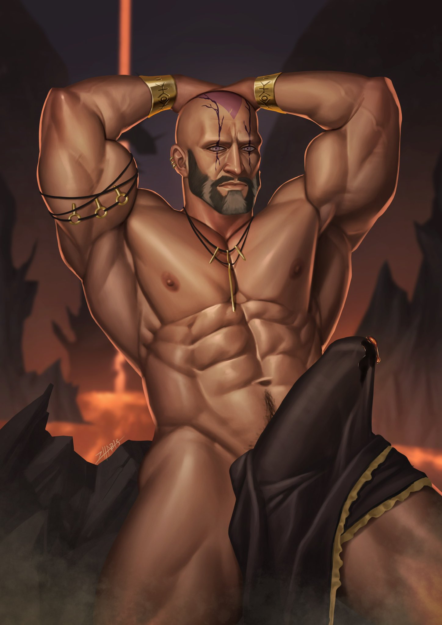 1boy armpits arms_behind_head blood_of_zeus boner bulge covering_crotch erect_penis erection erection_under_clothes face_markings god greek_mythology hades_(blood_of_zeus) hades_(mythology) hard_on male male_only muscles muscular muscular_male solo_male teasing zharts