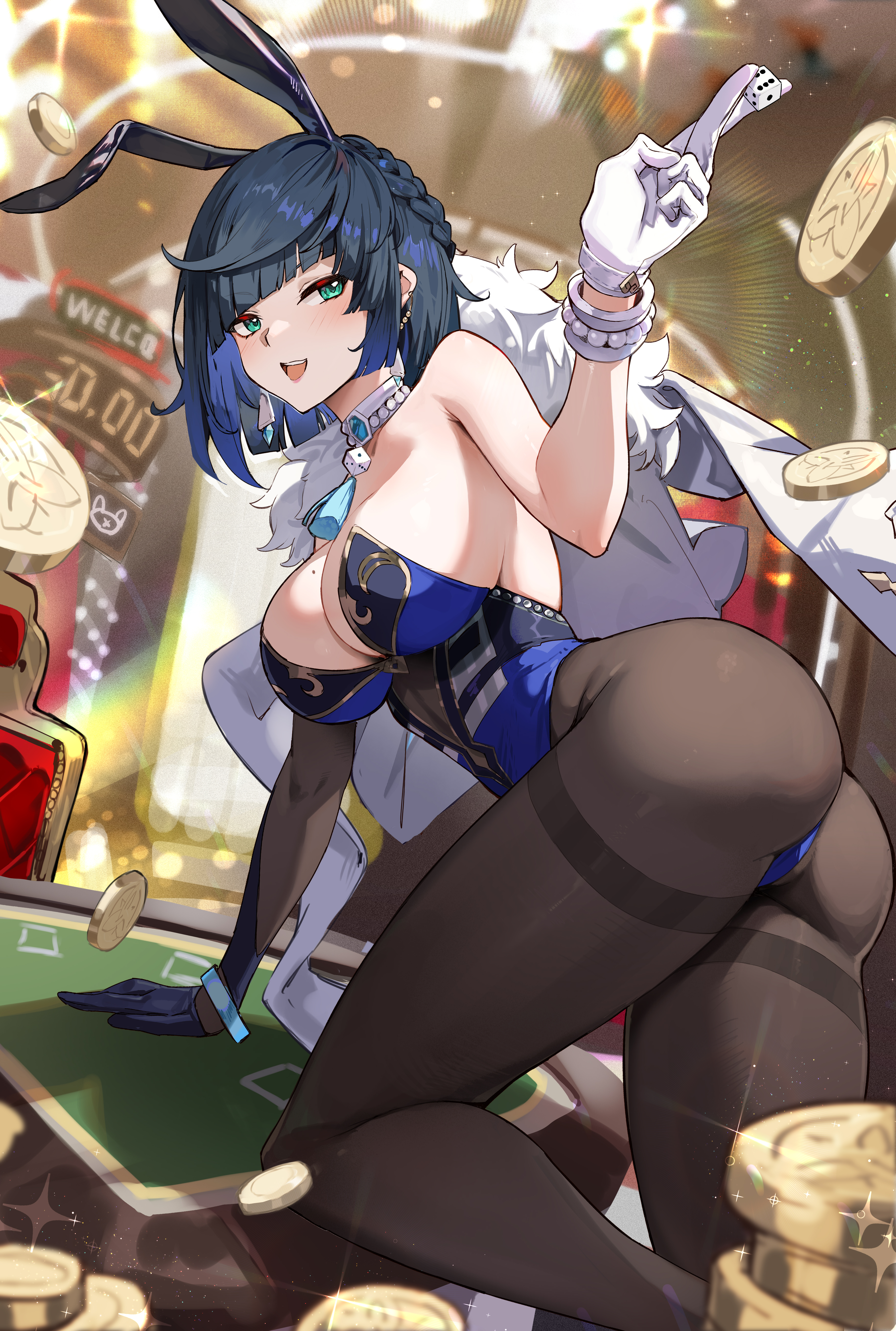 1girls, abs, arms up, ass, bangs, big ass, big breasts, big butt, blue hair, blush, breasts, bunny ears, bunny girl, bunny tail, bunnysuit, cleavage, collar, fake animal ears, female, fur, genshin impact, gloves, green eyes, hips, huge breasts, large breasts, leotard, looking at viewer, mole, mole on breast, pantyhose, short hair, simao (x x36131422), simple background, slim waist, small waist, smile, squatting, thick, thick thighs, thighband pantyhose, thighs, tight clothing, vision (genshin impact), waist, white background, wide hips, yelan (genshin impact)