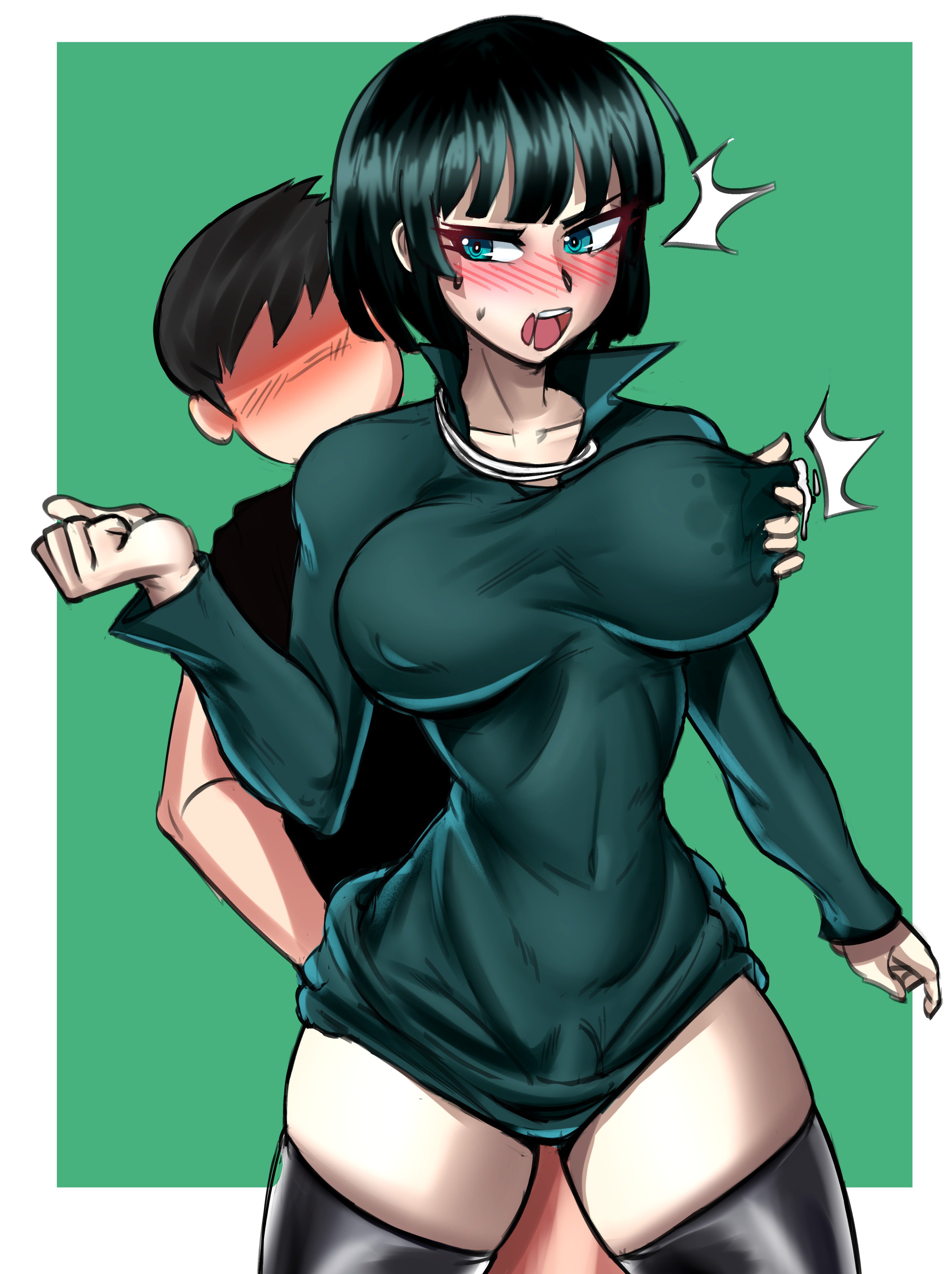 1boy, 1girls, absurd res, angry, angry face, bangs, belly, belly button, big breasts, black thighhighs, blush, bob cut, boots, breasts, clothed, clothing, covered navel, covered nipples, curvaceous, curvy, curvy female, curvy figure, dark green hair, dark hair, dress, dress lift, dress up, eyelashes, female, female focus, fringe, front view, fubuki (one-punch man), green dress, green eyes, green hair, groping, groping breasts, groping from behind, high boots, highres, hips, legs, light skin, light-skinned female, light-skinned male, long sleeves, looking at another, looking back, male, male/female, medium hair, milk, navel, necklace, nipple bulge, nipple play, nipple tweak, nipples, nonosamu, one-punch man, open mouth, pokies, rubbing, saliva, saliva trail, short hair, shy, skirt, skirt lift, skirt up, slim, slim waist, standing, stomach, sweat, sweating, thick legs, thighhighs, thighs, thin waist, twitching, waist, wide hips