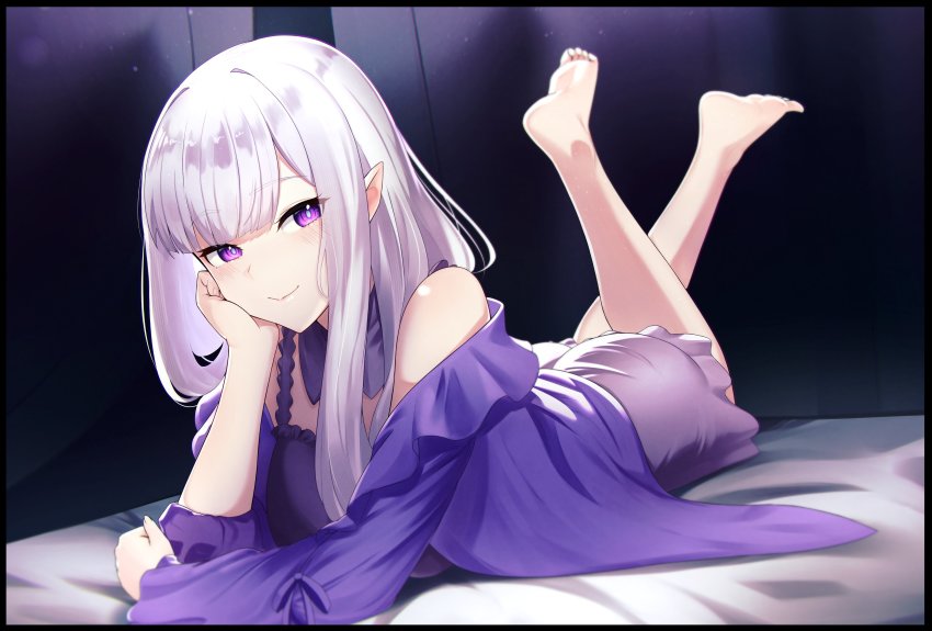 1girls absurdres aurwoora_(jellen_aura) bare_shoulders barefoot blurry blush camisole closed_mouth depth_of_field emilia_(re:zero) feet feet_up female female_only foreshortening frilled_camisole frilled_straps frills full_body grey_hair head_rest highres light-skinned_female light_skin looking_at_viewer loungewear lying naughty_face on_bed on_stomach pajamas pointy_ears purple_eyes re:zero_kara_hajimeru_isekai_seikatsu seductive seductive_look smile smug smug_grin solo