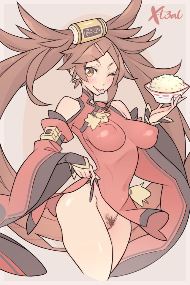 1girls brown_hair dress dress_lift female female_only golden_eyes guilty_gear kuradoberi_jam nipple_bulge one_eye_closed pubes pubic_hair solo sticking_out_tongue winking x-teal