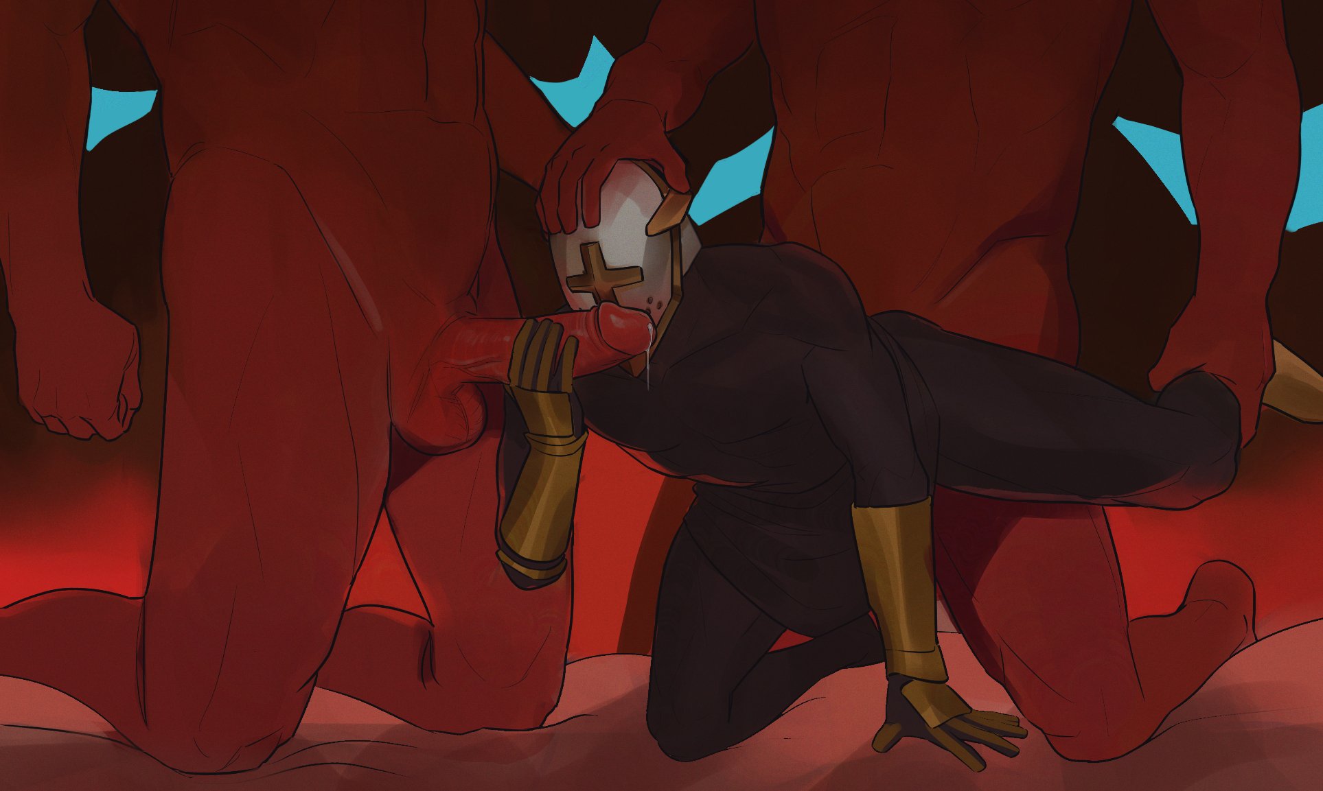 ambiguous penetration, angel, angel wings, black skin, cum, francishsie, gabriel (ultrakill), gauntlets, gay, gloves, hand on head, helmet, leg up, male, male/male, male/male/male, masked male, penis, precum drip, skirt, skirt up, threesome, ultrakill