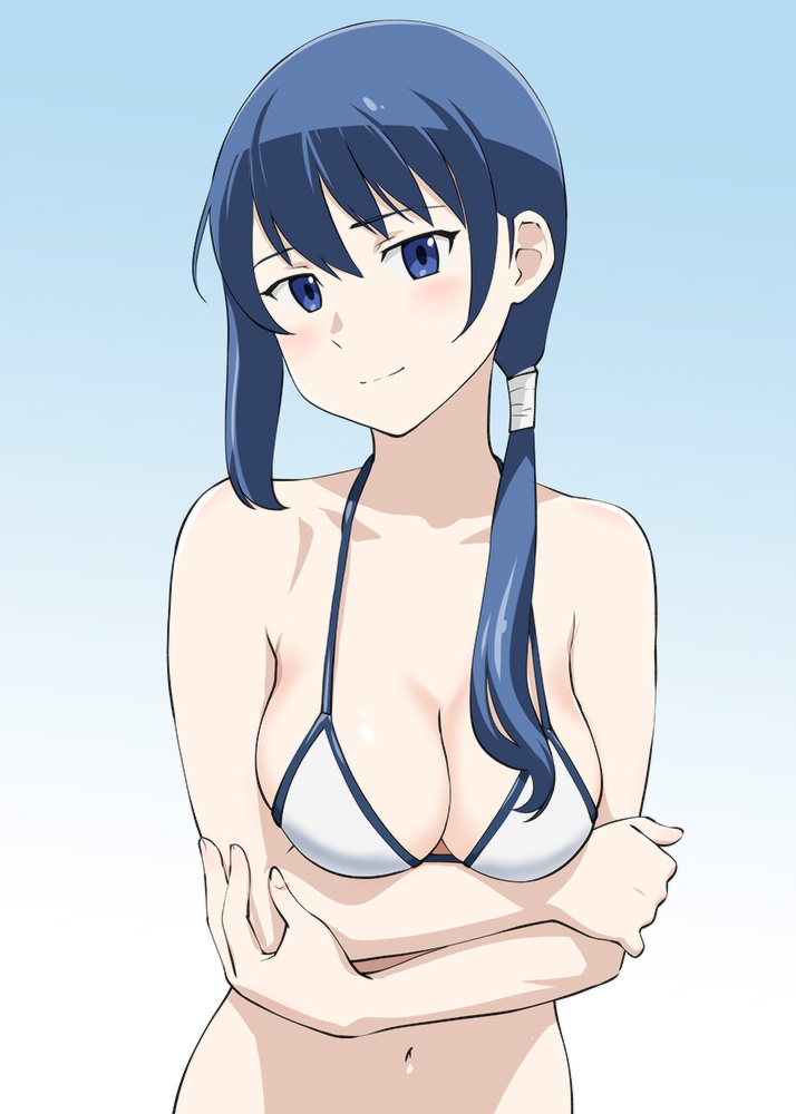 bikini blue_eyes blue_hair breasts cleavage commentary_request female hai_to_gensou_no_grimgar long_hair medium_breasts merry_(grimgar) navel ponytail solo swimsuit ueyama_michirou upper_body