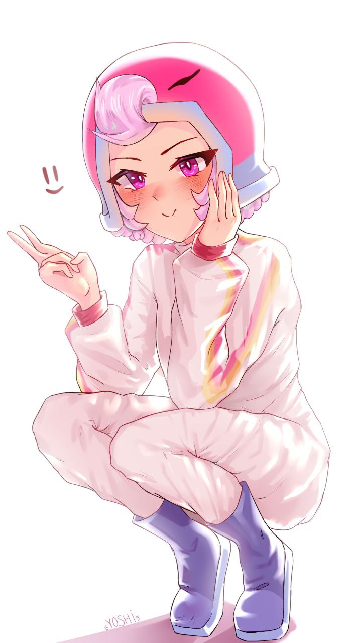 6yoshi9, bonnie (brawl stars), boots, brawl stars, female, fully clothed, helmet, jumpsuit, peace sign, pink hair, v, v sign