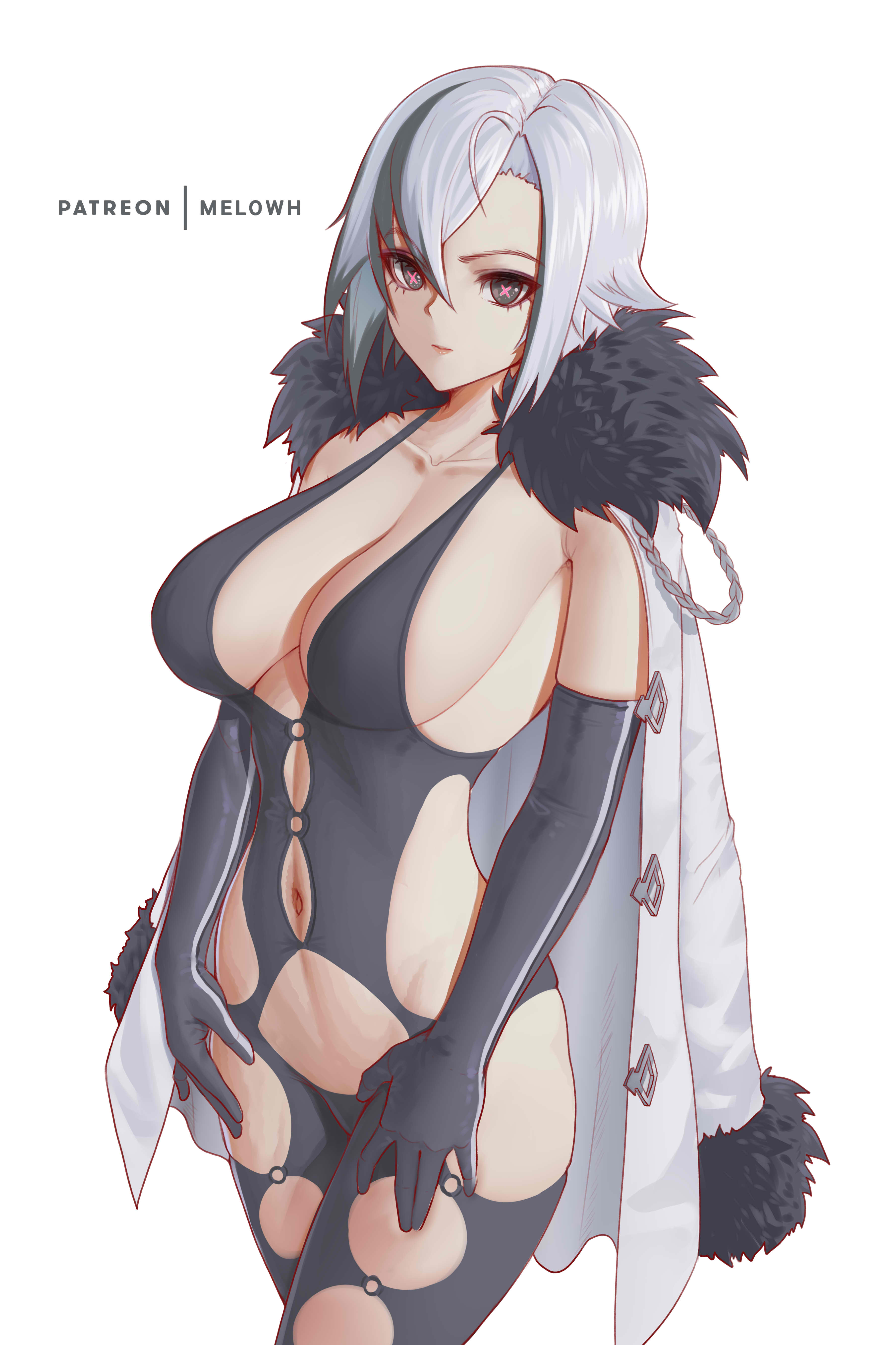 1girls, absurdres, arlecchino (genshin impact), bangs, black gloves, black hair, blush, breasts, cleavage, coat, coat on shoulders, collarbone, cowboy shot, elbow gloves, female, female only, fur trim, fur-trimmed coat, genshin impact, gloves, grey eyes, grey hair, hair between eyes, highres, large breasts, linea alba, looking at viewer, melowh, multicolored hair, navel, red pupils, short hair, sideboob, solo, streaked hair, symbol-shaped pupils, thighs, white coat, x-shaped pupils