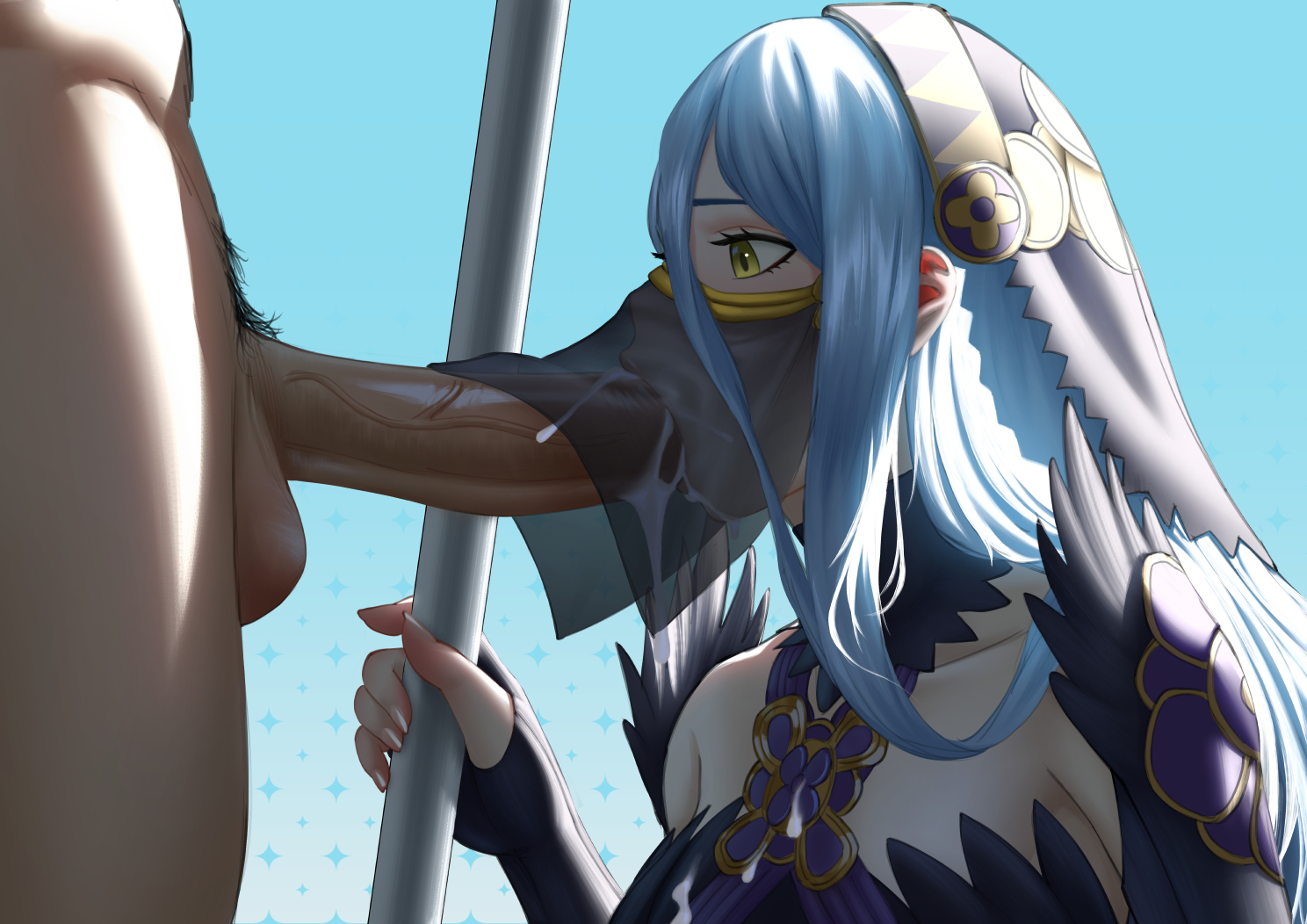1boy, 1girls, alternate costume, azura (fire emblem), blue hair, breasts, covered mouth, cum, cum in mouth, cum on body, cum on breasts, cumdrip, ejaculation, elbow gloves, erection, fellatio, fellatio under mask, fellatio under veil, female, female focus, fingerless gloves, fire emblem, fire emblem fates, fire emblem heroes, gloves, hair between eyes, headdress, jornyhail, long hair, male, male pubic hair, mask, mouth mask, mouth veil, nintendo, official alternate costume, open mouth, oral, penis, profile, pubic hair, see-through, small breasts, solo focus, spear, staff, straight, sucking, uncensored, veil, veins, veiny penis, weapon, yellow eyes