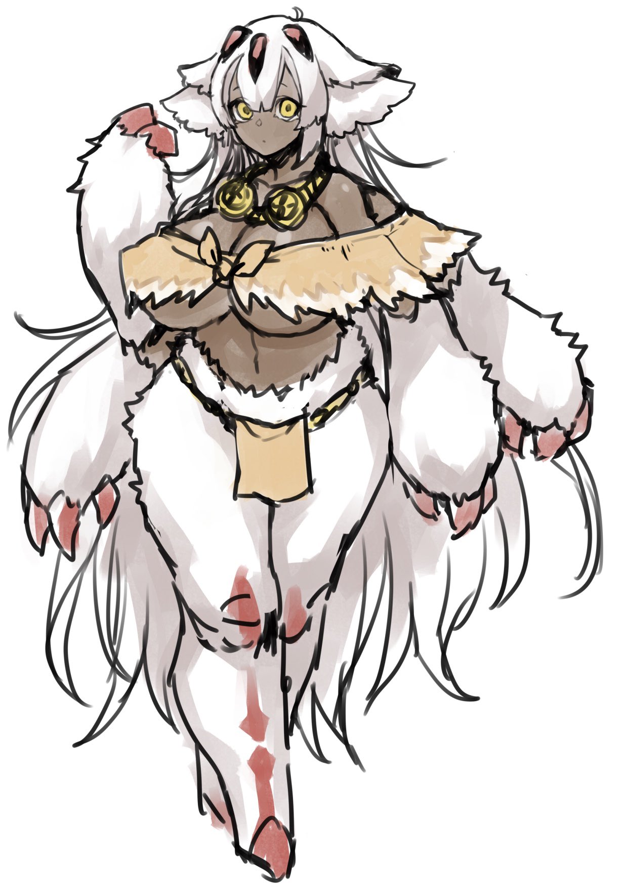4 arms, aged up, animal ears, big breasts, breasts, claws, colored sketch, dark skin, dark-skinned female, faputa, female, female only, fluffy, fluffy ears, full body, fur, goggles around neck, huge breasts, loincloth, long hair, made in abyss, monster girl, moth girl, multi arm, multi limb, narehate, ranaecho, solo, standing, underboob, very long hair, white fur, white hair, yellow eyes