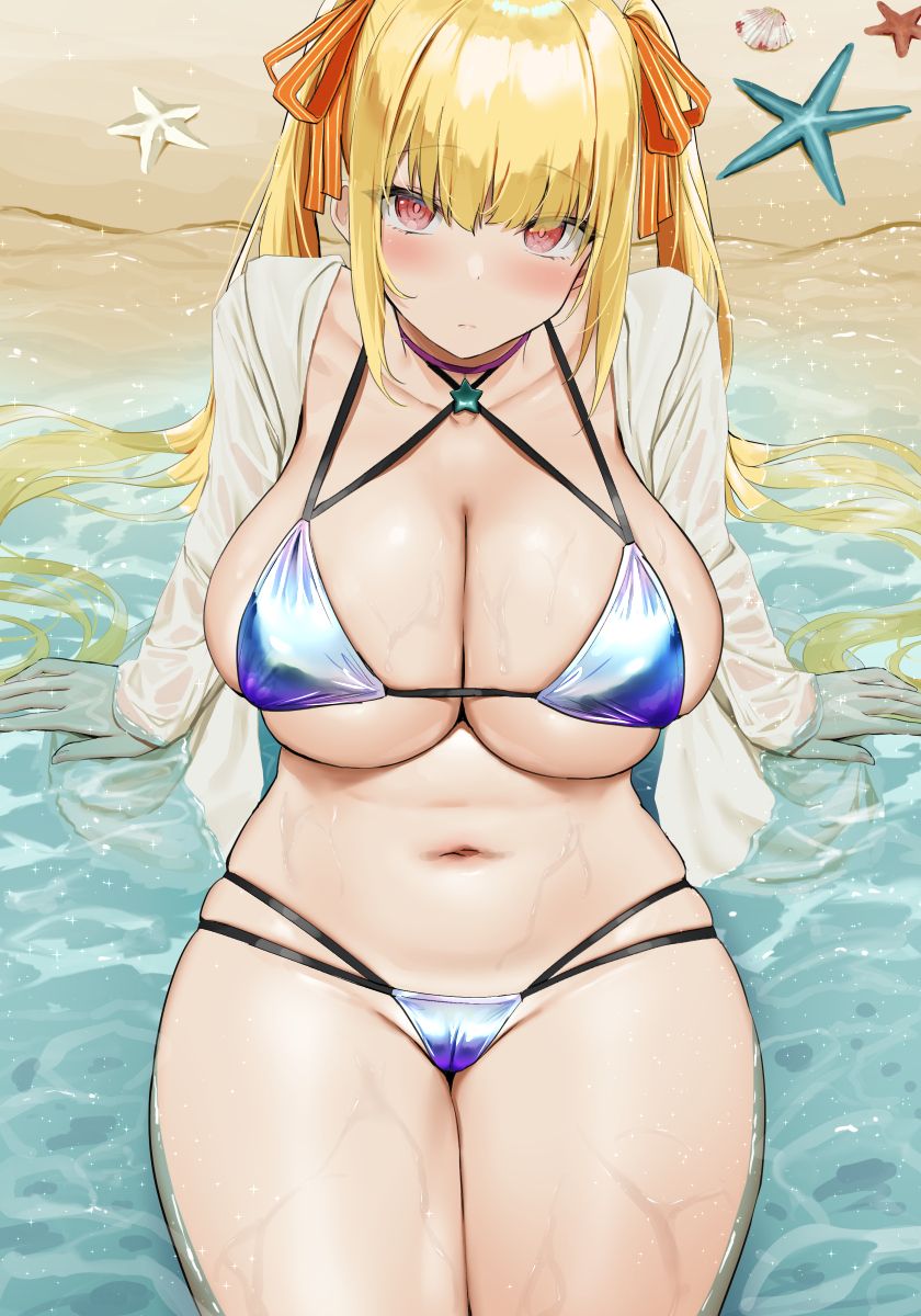 1girls, 2022, artist signature, beach, bikini, blonde hair, blue bikini, blush, breasts, cleavage, female, female only, hair ornament, hips, huge breasts, long hair, looking at viewer, oekakizuki, original, original character, outdoors, red eyes, solo, solo female, thick thighs, thighs, twintails, wet, wet body, wide hips