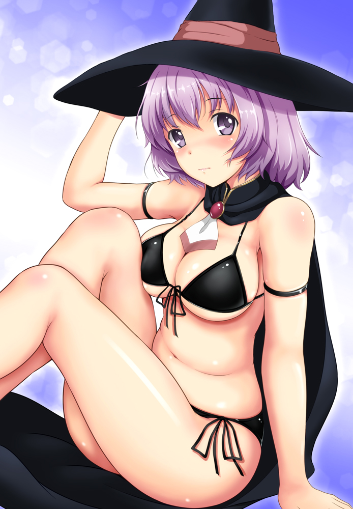 arm_at_side arm_strap arm_support bikini black_bikini black_cape black_headwear blush breast_press breasts brooch cape closed_mouth commentary_request eyebrows female front-tie_bikini front-tie_top gloves gradient gradient_background hai_to_gensou_no_grimgar hair_between_eyes hand_on_headwear hand_up hat hat_ribbon hexagon jewelry kishimen knees_up lens_flare looking_at_viewer medium_breasts navel purple_eyes purple_hair ribbon shihoru_(grimgar) shiny shiny_skin short_hair side-tie_bikini sitting solo stomach string_bikini swimsuit underboob witch_hat