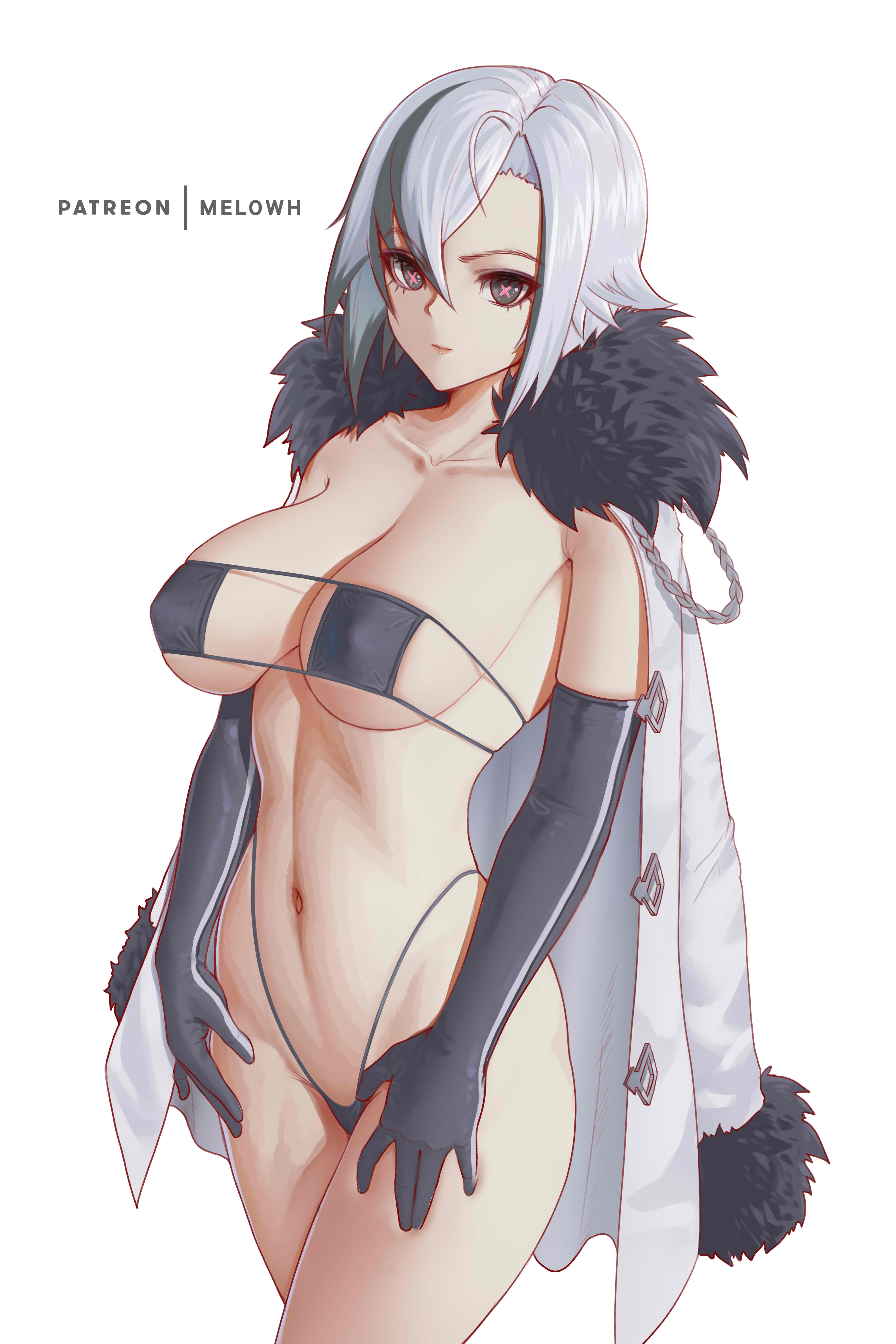 1girls, absurdres, arlecchino (genshin impact), bangs, bikini, black bikini, black gloves, black hair, blush, breasts, cleavage, coat, coat on shoulders, collarbone, cowboy shot, elbow gloves, eyepatch bikini, female, female only, fur trim, fur-trimmed coat, genshin impact, gloves, grey eyes, grey hair, hair between eyes, highleg, highleg bikini, highres, large breasts, linea alba, looking at viewer, melowh, multicolored hair, navel, red pupils, short hair, solo, streaked hair, swimsuit, symbol-shaped pupils, thighs, white coat, x-shaped pupils