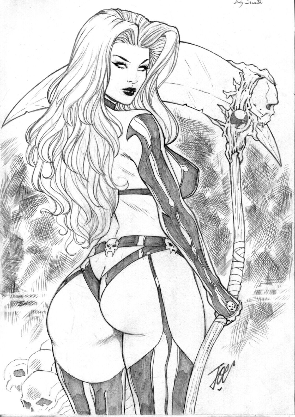 1girls big_ass big_breasts black_lipstick breasts chaos_comics coffin_comics death_(personification) dominant_female ed_benes_studio femme_fatale goddess grim_reaper holding_scythe joe_lima lady_death large_breasts latex_bra latex_gloves latex_leotard latex_thigh_highs latex_thong long_hair looking_at_viewer looking_back monochrome queen_of_the_dead scythe seductive_eyes solo_female solo_focus tagme white_hair