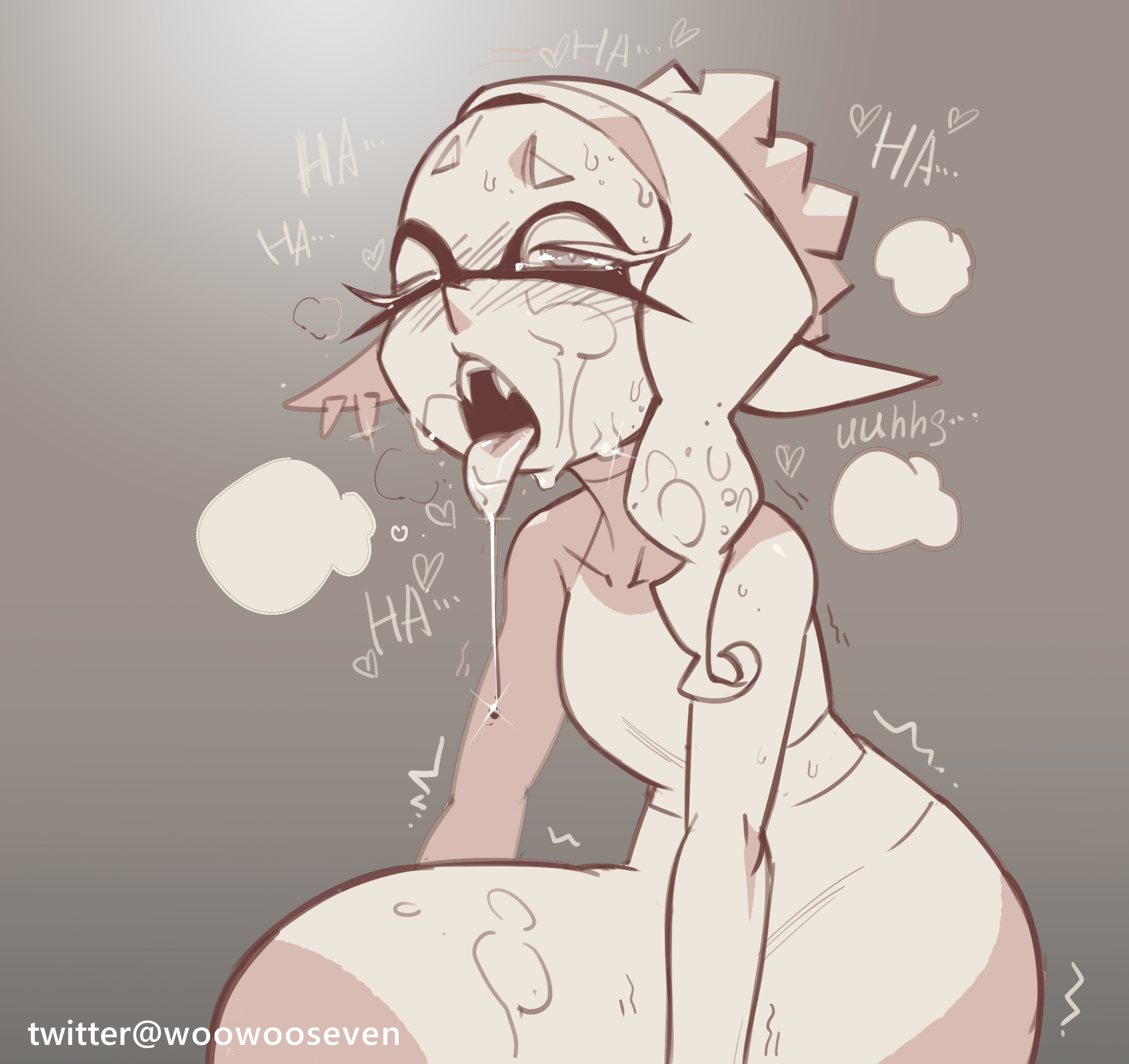 1girls, after fellatio, after oral, ahe gao, background, bedroom eyes, clothed, clothed female, cum, cum in mouth, cum on face, cum trail, dark skin, dark-skinned female, fangs, female, frye (splatoon), implied oral, inkling, inkling girl, moaning, monochrome, nintendo, open mouth, saliva, saliva trail, shivering, simple background, solo, solo female, splatoon, splatoon (series), splatoon 3, steam, steamy breath, sweat, sweating, sweaty, tagme, tentacle hair, text, woowooseven