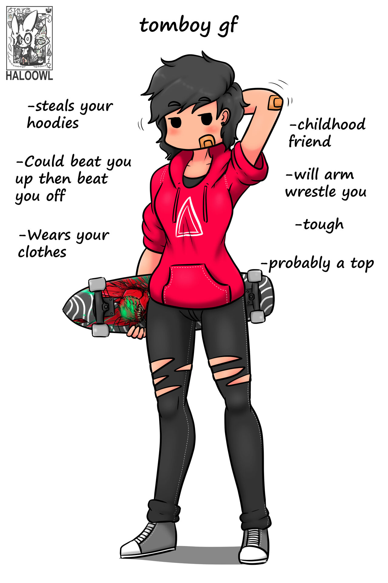 1girls, bandaid, black hair, black pants, female, haloowl, hoodie, ideal gf, meme, ripped pants, skateboard, solo female, tagme, tomboy, white background