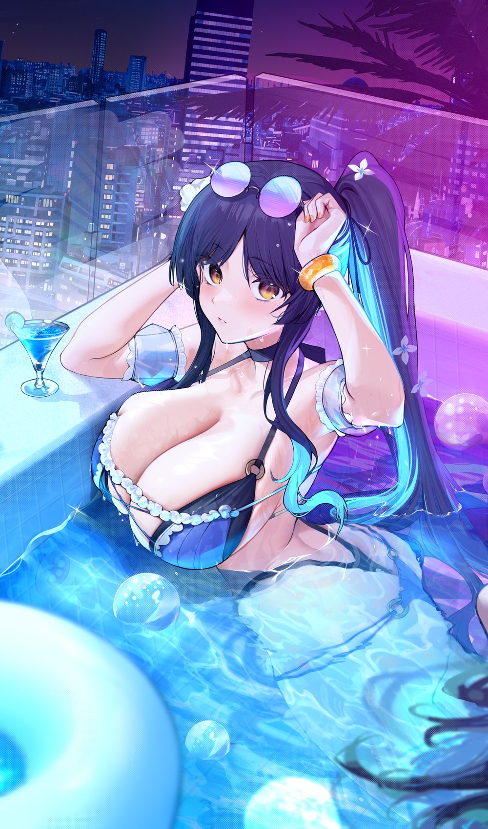 1girls alcohol arm_up armpit big_breasts bikini_top bra breasts choker curvaceous curvy curvy_female drink female female_only huge_breasts in_pool jewelry large_breasts luxury pool slow740 solo sunglasses sunglasses_on_head swimming swimming_pool swimsuit swimwear thick view water wet xiujia_yihuizi