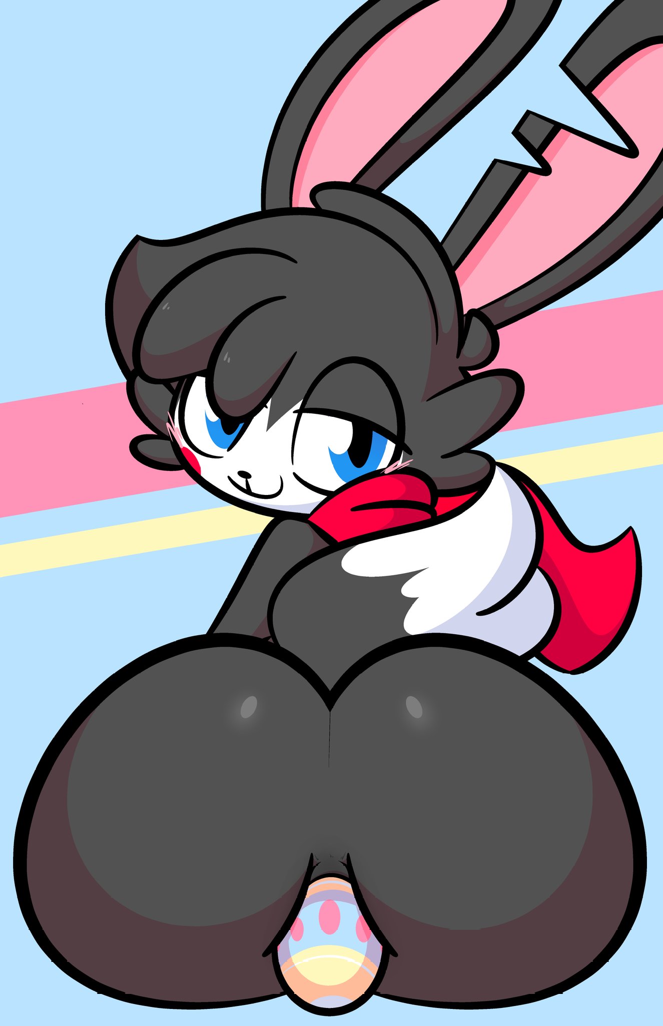 1boy 2021 ambiguous_gender anal anal_sex anthro ass big_butt black_body black_fur black_nose blue_background blue_eyes blush clipped_ear easter_egg egg ekkokenight fur half-closed_eyes hi_res lagomorph leporid looking_at_viewer looking_back male male_only male_penetrated mammal mime_(ekkokenight) narrowed_eyes pattern_background penetration pink_ears rabbit red_scarf scarf simple_background smile solo striped_background white_body white_fur