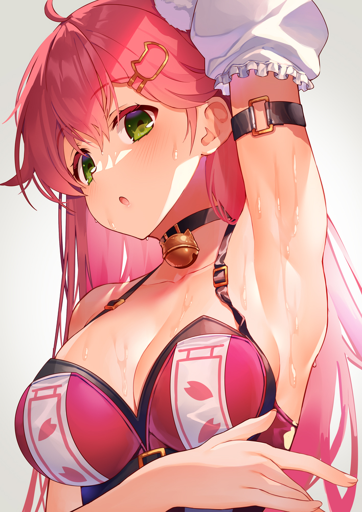 arm_up armpit armpit_fetish armpits arms_up bell bell_collar big_breasts breasts choker green_eyes hololive hololive_gen_0 hololive_japan kibanda_gohan large_breasts pink_hair sakura_miko sexy_armpits sweat sweating sweaty tagme virtual_youtuber wet