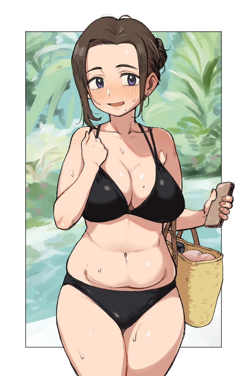 1girls belly_fat bikini black_bikini blush breasts demiomurash earrings hair_bun medium_breasts milf mole mole_on_breast mole_under_mouth plump