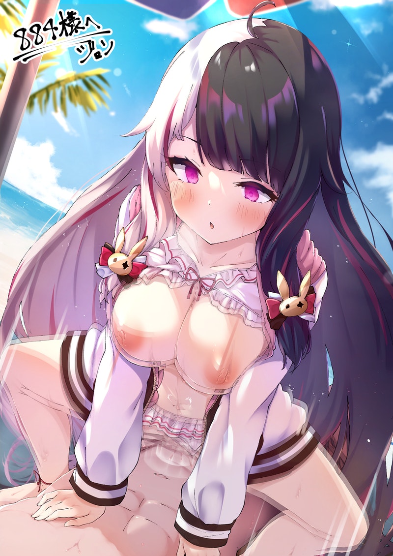 1boy ahoge beach bikini black_hair blush breasts clothed_female_nude_male cowgirl_position day female hood hoodie hypnosis jon_(pixiv31559095) large_breasts long_hair long_sleeves mind_control motion_blur motion_lines multicolored_hair nijisanji nipples nude outdoors parasol purple_eyes sex signature sky solo_focus straddling straight swimsuit umbrella virtual_youtuber white_bikini white_hair white_hoodie yorumi_rena