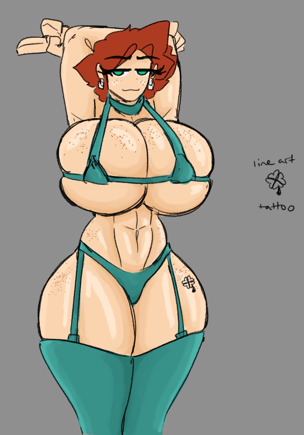 abs, female, freckles, green eyes, marcy (shewiff), red hair, revealing clothes, shewiff, tattoo, thick thighs