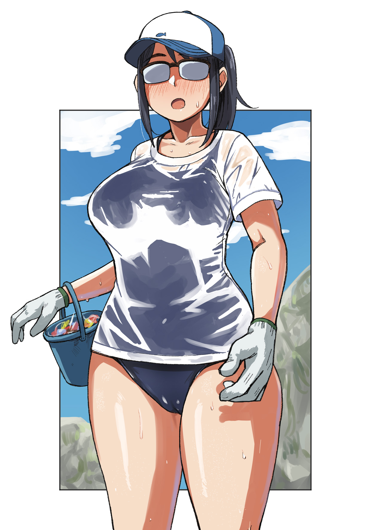 1girls, breasts, bucket, demiomurash, female, glasses, gloves, hat, houkago teibou nisshi, medium breasts, oono makoto, opaque glasses, see-through, swimsuit, thick thighs