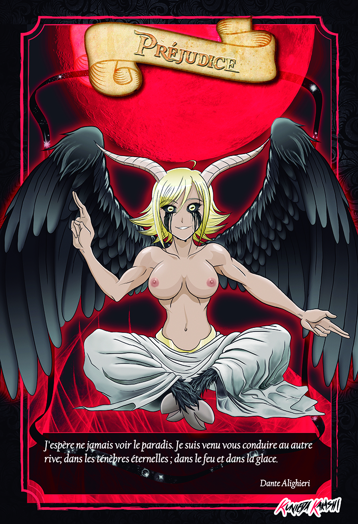 angel angel_wings baphomet black_eyes black_tears black_wings blonde_hair breasts breasts_out card dark_skin demon demon_girl demon_horns evil_smile goat goat_eyes goat_girl hooves horror horror_(theme) original_artwork original_character red_background short_hair smile tears winged_humanoid wings