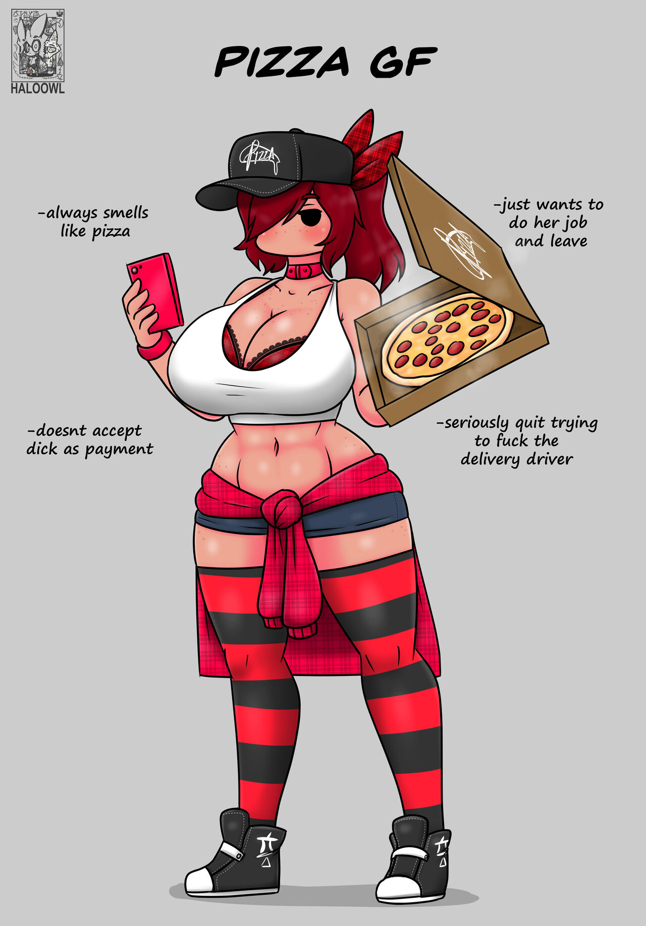 1girls, auburn hair, black eyes, bra, breasts, choker, cleavage, english text, female, freckles, fully clothed, hair over one eye, haloowl, hat, higher resolution available, ideal gf, large breasts, meme, phone, pizza, pizza box, pizza delivery, ponytail, redhead, solo, standing, stockings, striped stockings, striped thighhighs, sweater around waist, tank top, thighhighs, uninterested