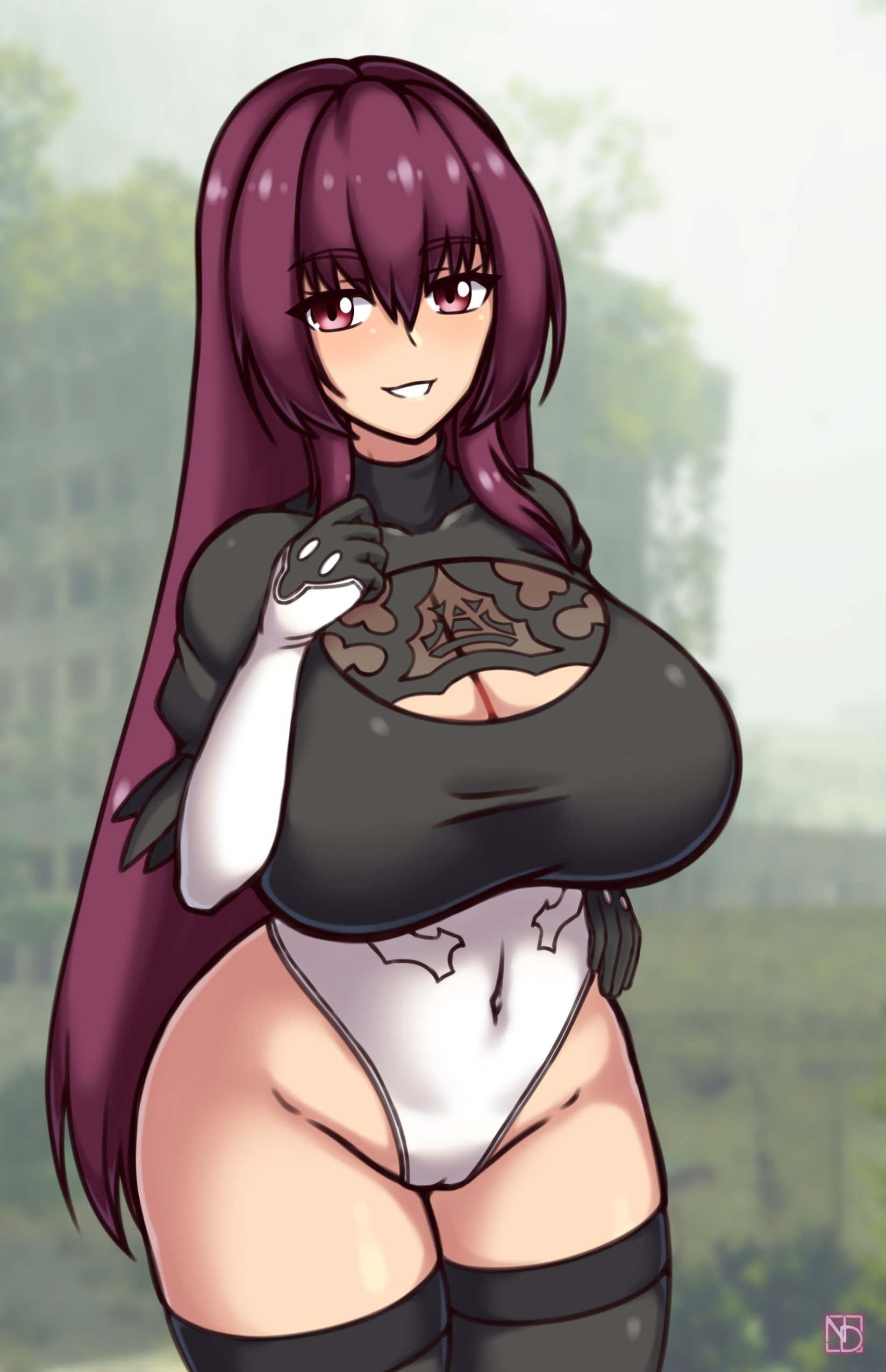 1girls, absurdres, artist name, big breasts, breasts, busty, cameltoe, child bearing hips, cleavage, cosplay, fate (series), fate/grand order, female, female only, hand on hip, highres, huge breasts, legs, leotard, long hair, looking at viewer, navel, nier, nier: automata, purple eyes, purple hair, pussy, scathach (fate), smile, solo, thick thighs, thighs, voluptuous, yorha 2b (cosplay)