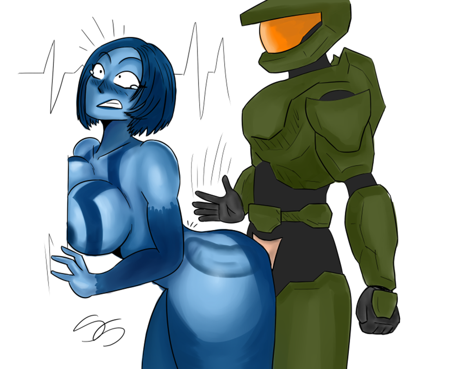 1boy, 1girls, 2d, against wall, alternate ass size, alternate breast size, anal, anal sex, artificial intelligence, ass, big ass, big breasts, blue hair, blue skin, breasts, completely nude, cortana, faceless male, female, halo (game), halo (series), large breasts, male, master chief, no source, nude, nude female, sex, skullkidsak, standing sex, straight, surprised expression, tear, translucent body, xbox game studios