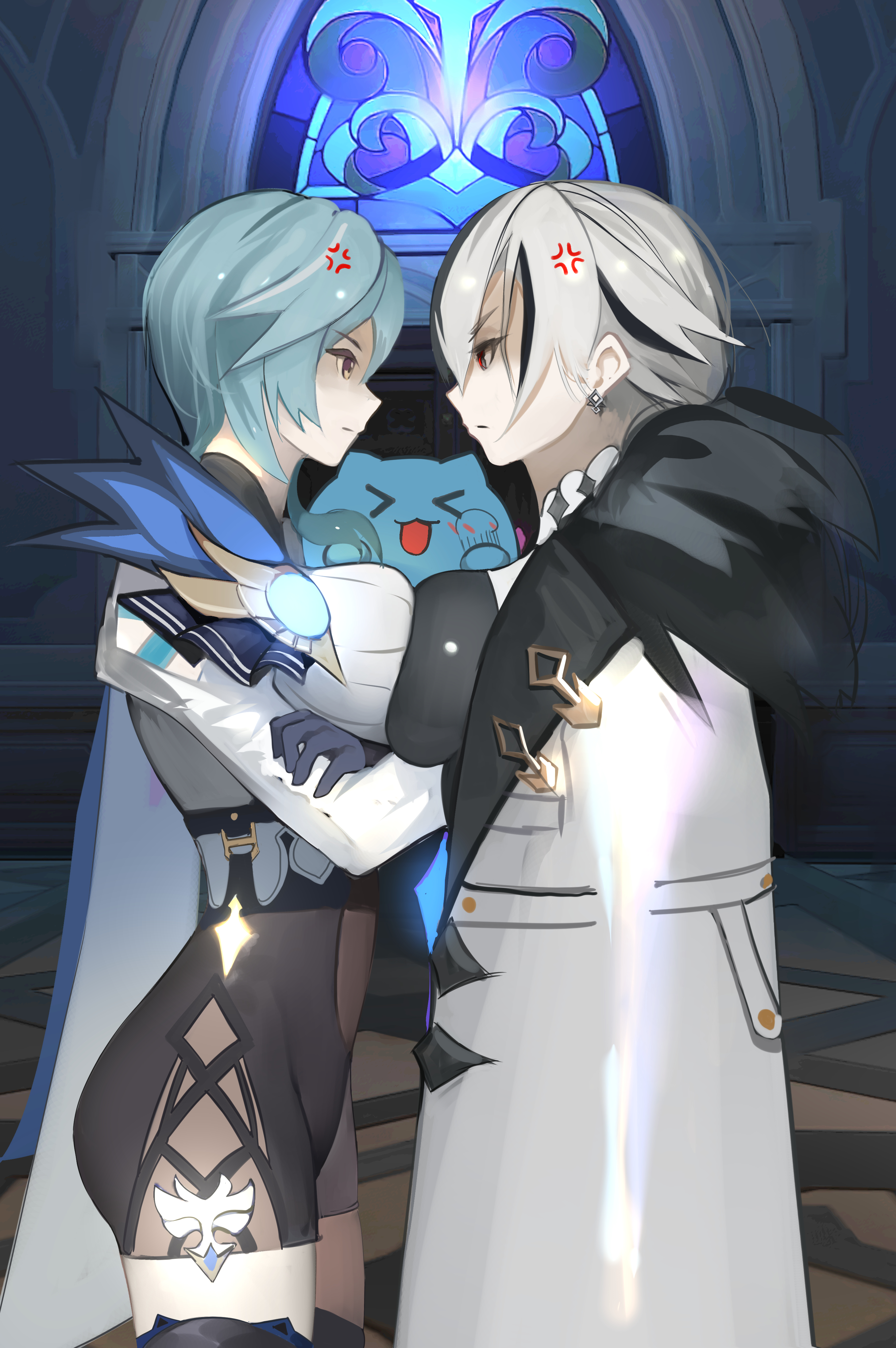 2girls, anger vein, angry, arlecchino (genshin impact), big breasts, blue hair, breast press, breasts, eula (genshin impact), female, female only, genshin impact, jacket, leotard, short hair, symmetrical docking, white hair