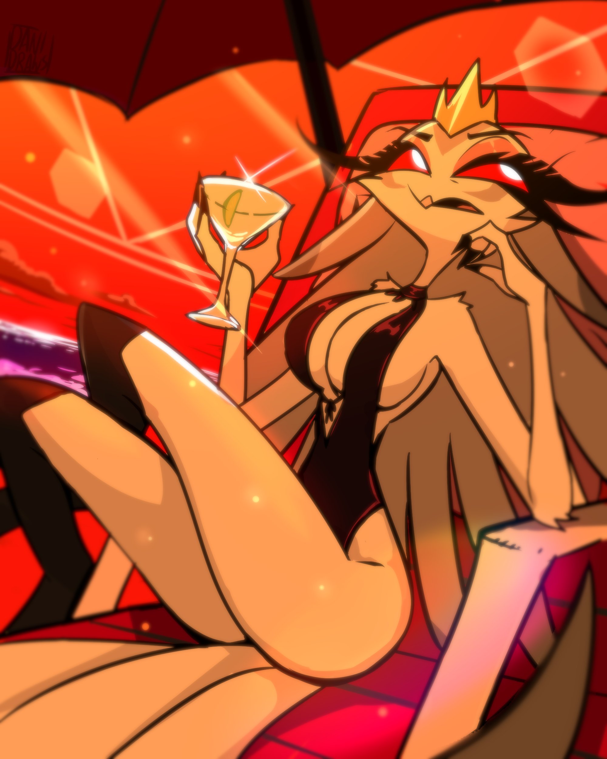 4:5, absurd res, anthro, beach, beach chair, breasts, cleavage, clothed, clothing, cocktail glass, container, crown, cup, danidrawsandstuff, drinking glass, feathers, female, glass, glass container, glass cup, helluva boss, hi res, one-piece swimsuit, owl demon, red eyes, seaside, sitting, solo, stella (helluva boss), swimwear, tail feathers, umbrella, white body, white feathers