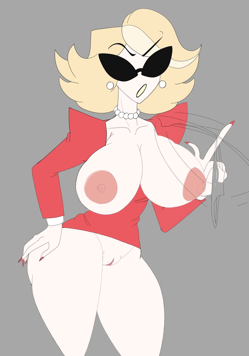 bare breasts, blonde hair, bottomless, breasts, female, flashing, flashing breasts, gloomnswf, hazbin hotel, holding object, holding panties, katie killjoy, knick knack, nipples, pussy, short hair, straight hair, sunglasses, sunnification, thick thighs, vagina, vivienne medrano, white body, white skin