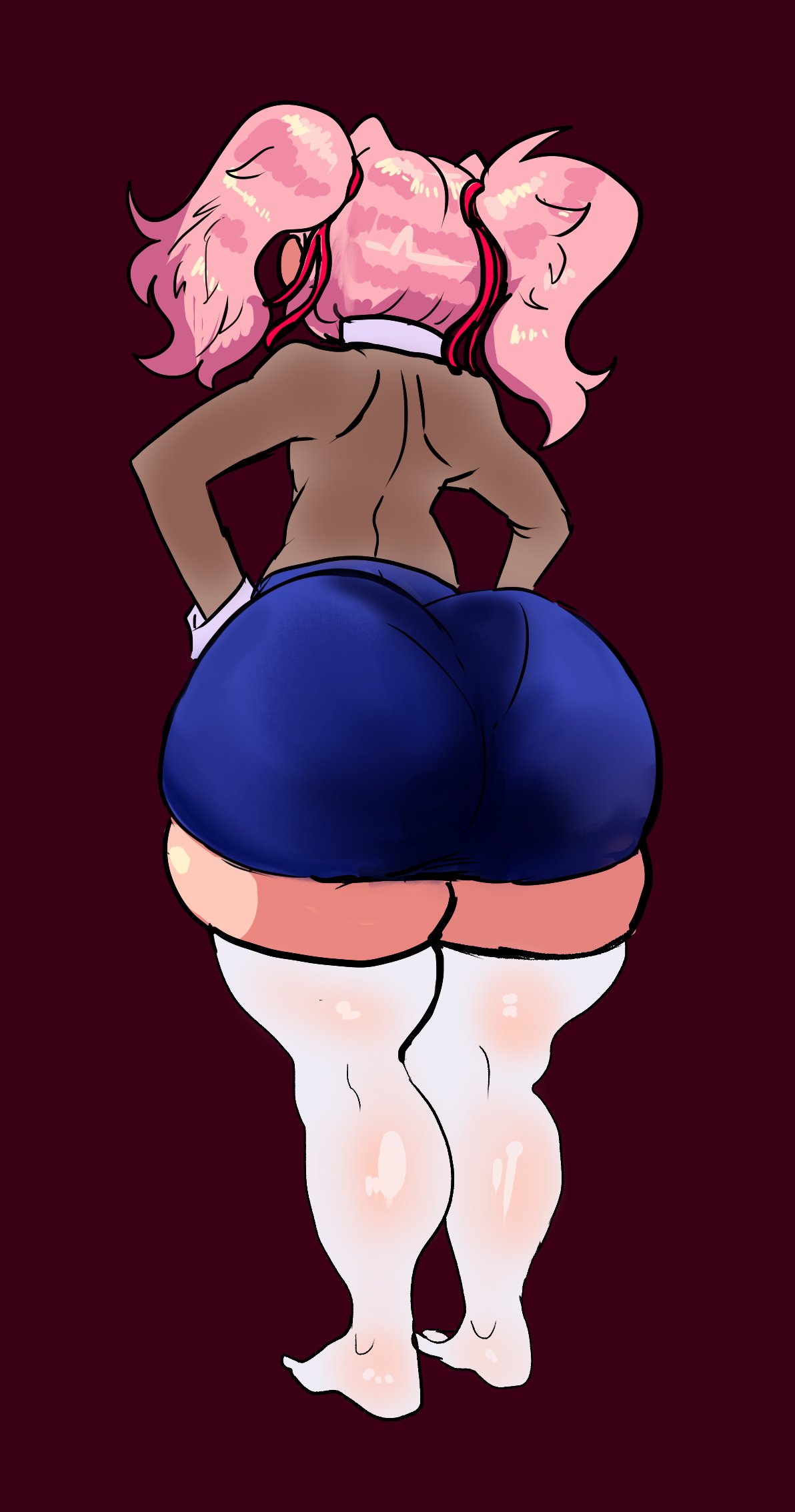 1girls, ass, ass in dress, big ass, big butt, bottom heavy, bubble ass, bubble butt, doki doki literature club, fat ass, female, female only, huge ass, huge butt, lemonadepikachu, natsuki (doki doki literature club), pantylines, pink hair, rear view, school uniform, schoolgirl, shortstack, solo, standing, thick thighs, thighhighs, wide hips