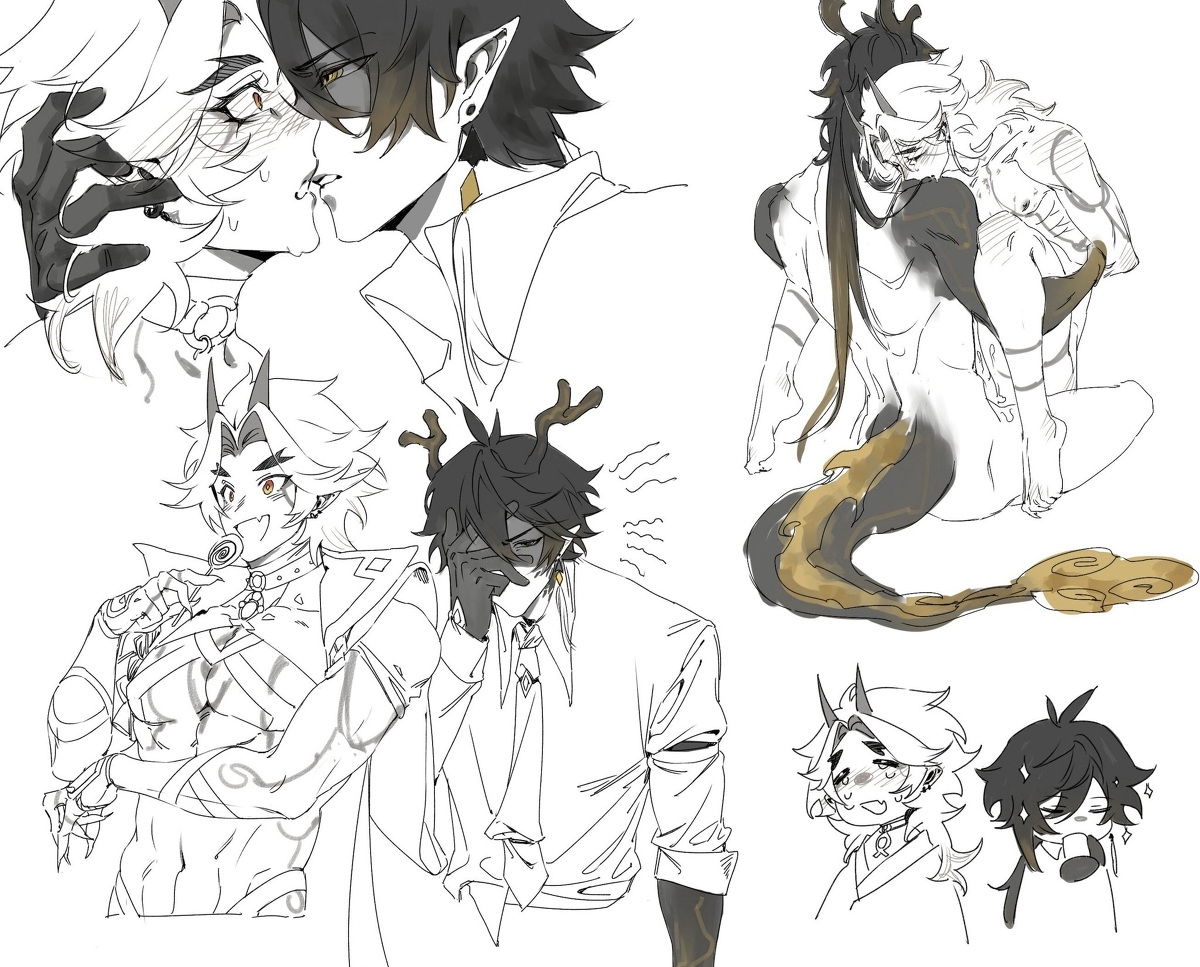 abs, arataki itto, blush, bodypaint, dragon horns, dragon tail, gay, gay sex, genshin impact, horn, imminent kiss, male, male only, muscles, muscular, muscular male, oni, oni horns, pecs, tattoo, tattoos, yaoi, yaoyao guodong, zhongli (genshin impact)