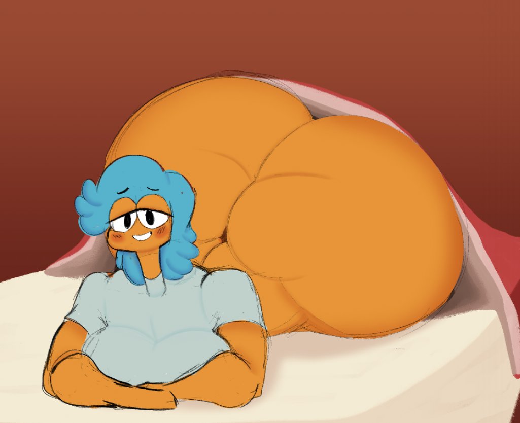 1girls, 2022, alternate ass size, alternate body type, ass, ass focus, bed, bed sheet, big ass, big breasts, blanket, blue hair, blush, bottom heavy, bottomless, breasts, cartoon network, dumplis (artist), female, female focus, flight attendant (the amazing world of gumball), gigantic ass, gigantic thighs, grey topwear, half-closed eyes, huge ass, huge hips, huge thighs, hyper, hyper ass, hyper thighs, inviting under covers, laying on stomach, looking at viewer, looking back, lying on stomach, orange background, orange skin, short hair, simple background, sketch, smile, solo, solo focus, the amazing world of gumball, topwear, wide hips