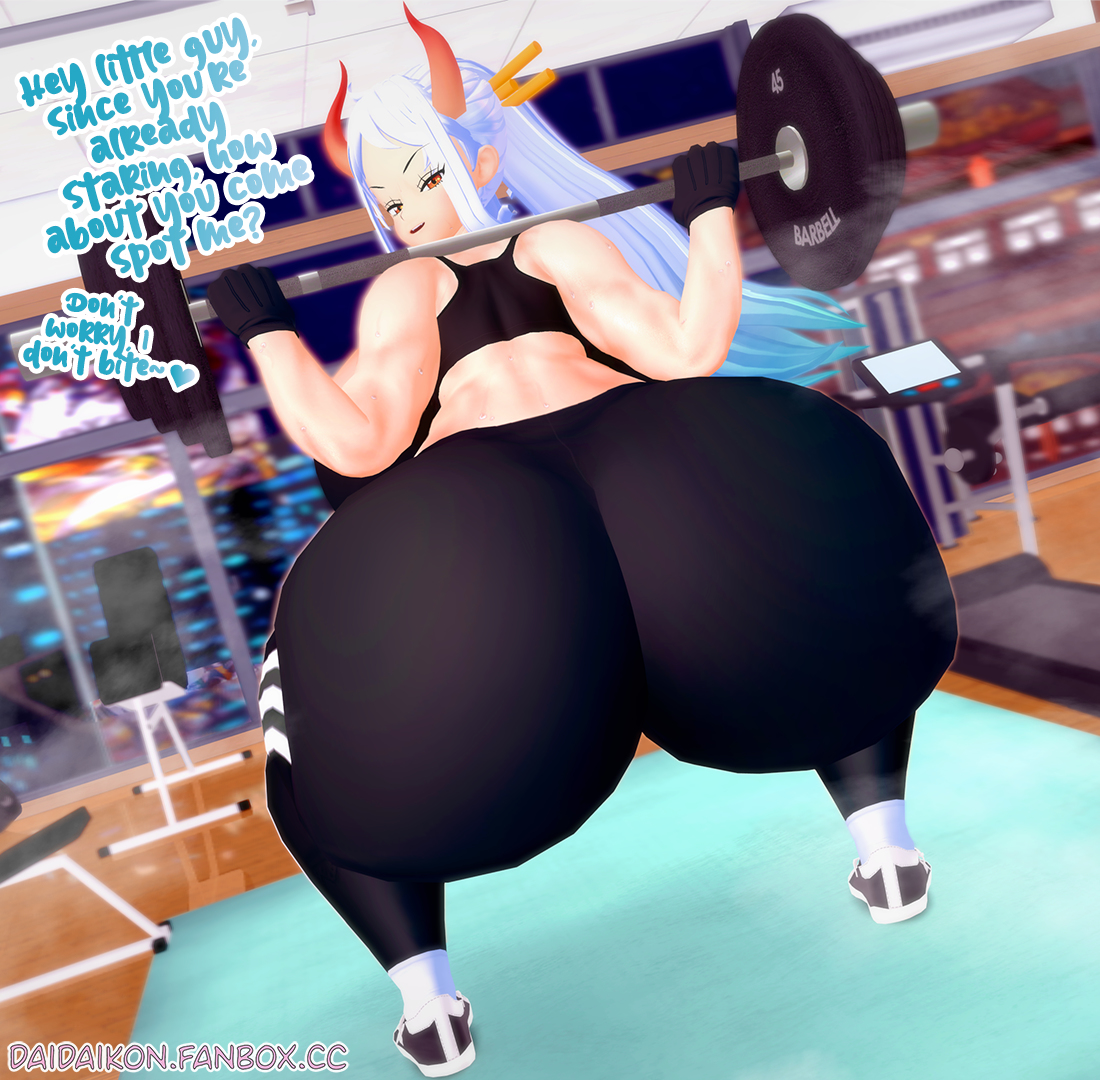 ass, barbell, breasts, clothed, daidaikon, english text, female, female only, gym clothes, horns, huge ass, huge breasts, leggings, long hair, looking at viewer, looking back, musk, one piece, squatting, sweat, sweaty, weightlifting, workout, workout clothes, yamato (one piece)