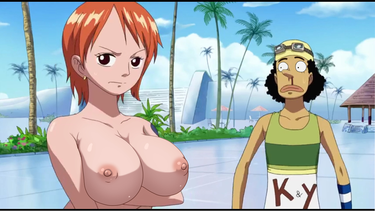 1boy, 1girls, arm tattoo, big breasts, black hair, black-haired male, blue tattoo, breasts, edit, female, female focus, male, medium hair, mr.russo, nami (one piece), nosebleed, nude filter, one piece, orange hair, orange-haired female, pre-timeskip, screenshot edit, tattoo, usopp