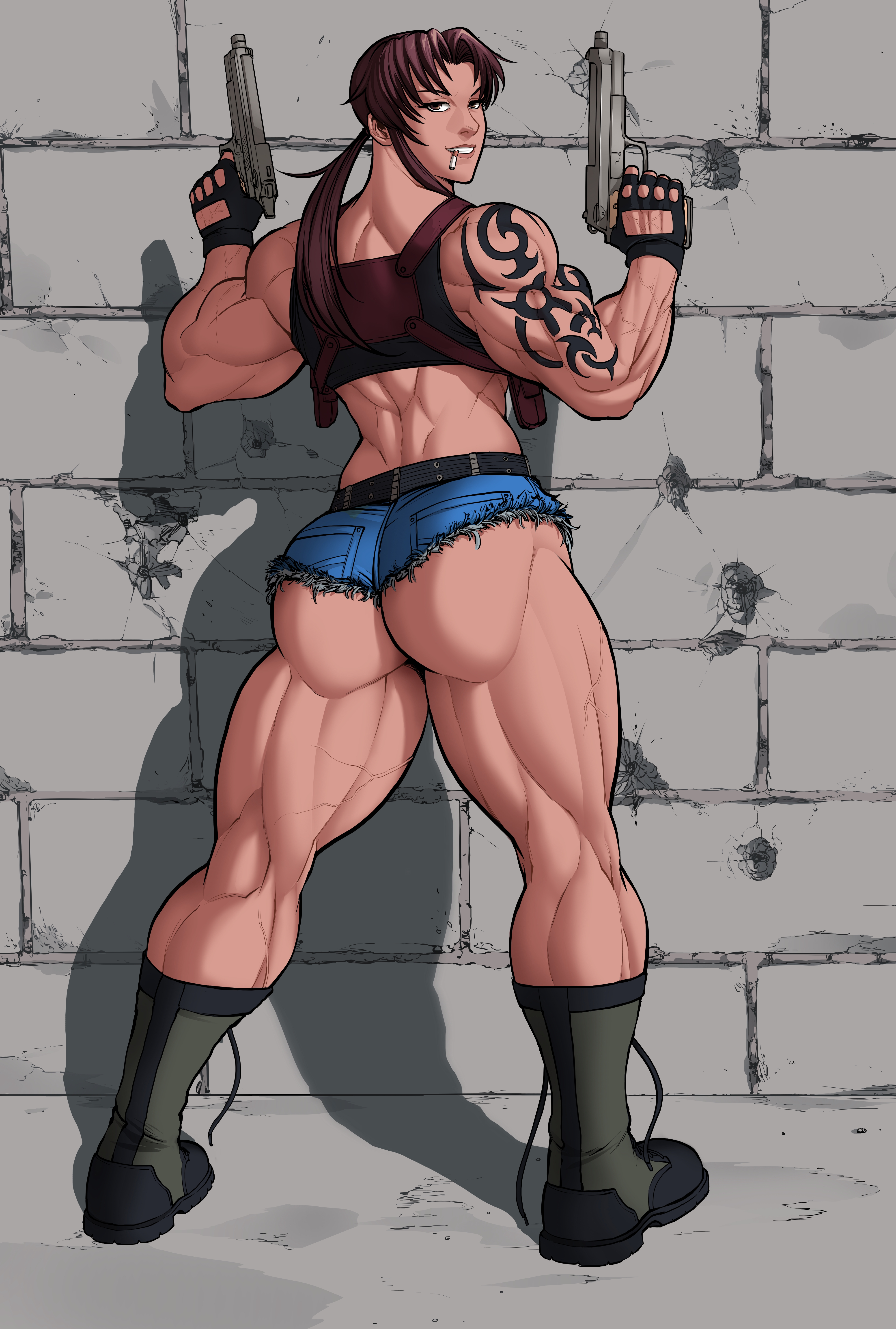 1girls, ass, back, bare shoulders, big ass, black lagoon, boots, brown eyes, brown hair, calves, cigarette, female, female only, fingerless gloves, gloves, gun, hyper, legs, looking back, muscles, muscular, muscular arms, muscular ass, muscular back, muscular female, muscular thighs, pistol, ponytail, r2roh, revy, shorts, smile, solo, tattoo, thick ass, thick thighs, weapon