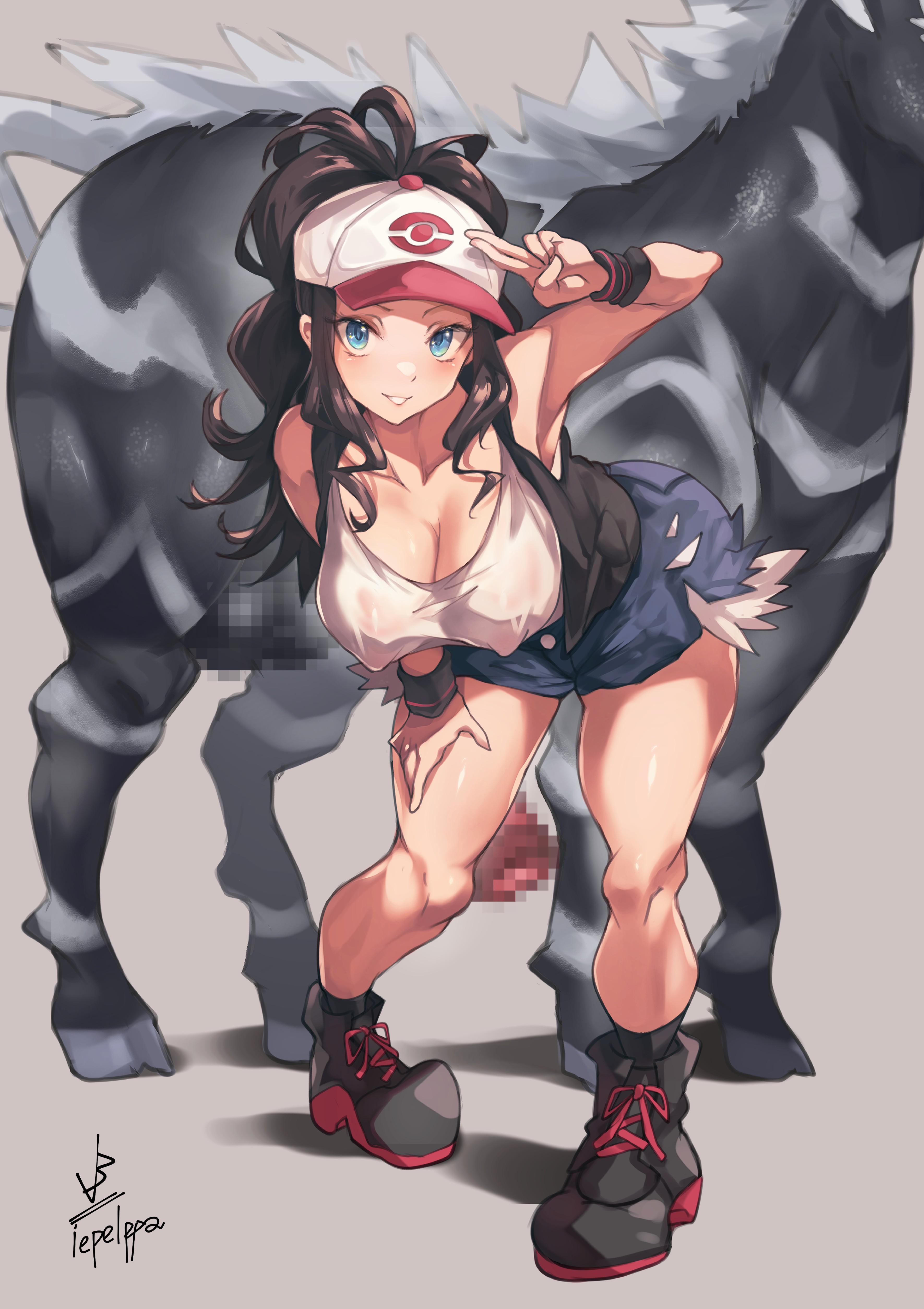 1boy, 1girls, 1pokemon, balls, bestiality, big balls, big breasts, blue eyes, breasts, brown hair, censored, eipelppa, eye contact, female, feral, hat, hilda (pokemon), horse, horse penis, horsecock, iepelppa, imminent bestiality, imminent sex, implied bestiality, interspecies, iparuputsua, ipelppa, long hair, looking at viewer, male, mosaic censoring, nintendo, penis, pokémon (species), pokemon, pokemon (species), pokemon bw, pokephilia, shorts, tank top, testicles, thick thighs, thighs, zebstrika, zoophilia