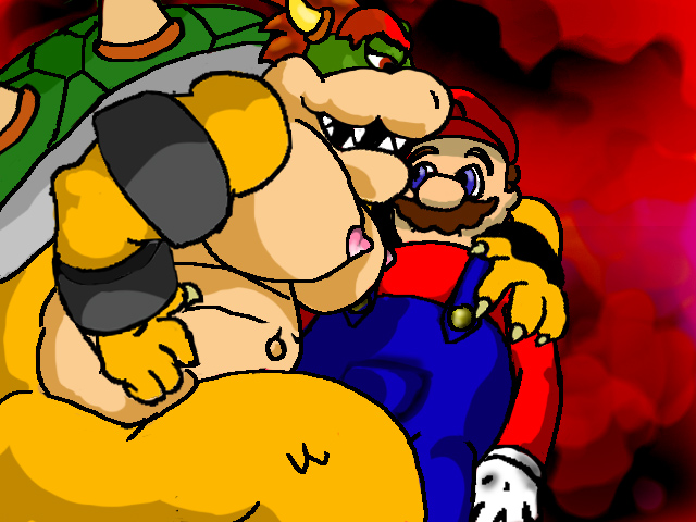 anthro bowser breasts brown_hair clothes color facial_hair female female_bowser gloves green_shell hair hat horns human interspecies jiggawhat koopa male male_human/female_anthro mario mario_(series) moustache nintendo nipples overalls red_hair rule_63 shell short_hair spiky_shell