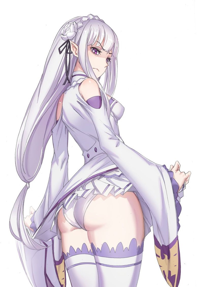 1girls bangs bare_belly bare_shoulders bare_stomach bare_thighs braid closed_mouth clothed clothes_lift clothing_cutout covered_breasts cowboy_shot crown_braid disgusted disgusted_look elf elf_ears elf_female elf_girl emilia_(re:zero) female female_focus female_only from_side hair_flower hair_ornament half-elf half_elf lifted_by_self lifted_skirt lifting_skirt long_hair long_sleeves looking_at_viewer looking_back looking_back_at_viewer open_eyes pleated_skirt pointy_ears purple_eyes re:zero_kara_hajimeru_isekai_seikatsu showing_ass showing_panties sidelocks silver_hair simple_background skirt skirt_lift small_breasts solo solo_female solo_focus standing streamingsun teenage_girl teenager thick_ass thick_thighs thighhighs thighs upskirt very_long_hair white_background white_clothing white_dress white_flower white_hair white_legwear white_panties white_pants wide_hips wide_sleeves